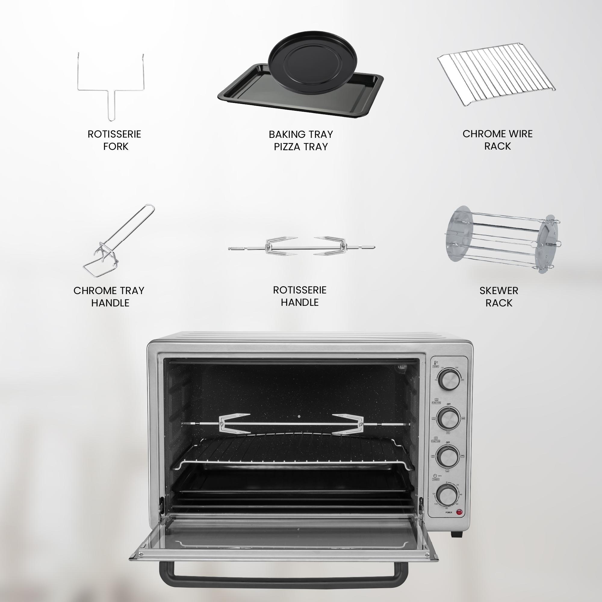 100L Electric Oven with Self-Clean, Rotisserie, Ceramic cavity, Convection, 120-Min Timer, 2200W, 8 Stainless Steel Heating Elements