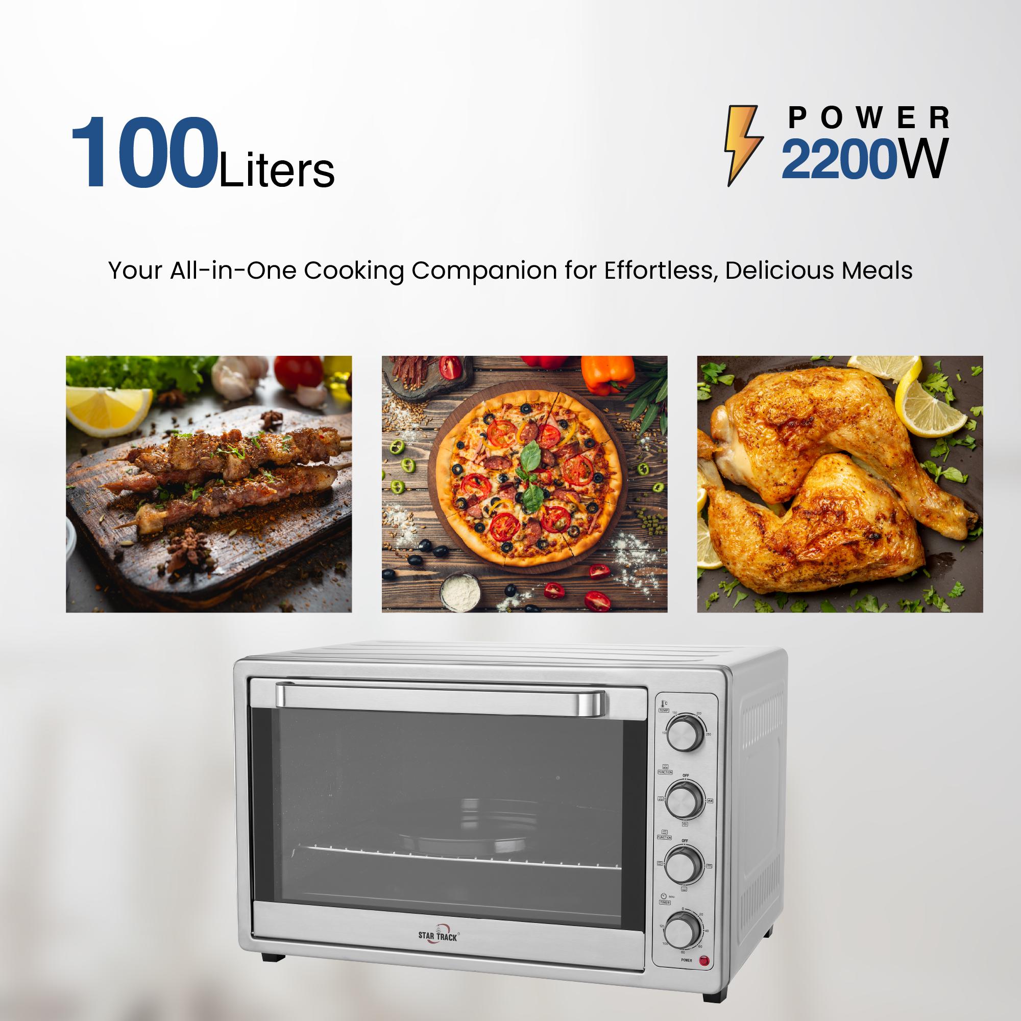 100L Electric Oven with Self-Clean, Rotisserie, Ceramic cavity, Convection, 120-Min Timer, 2200W, 8 Stainless Steel Heating Elements