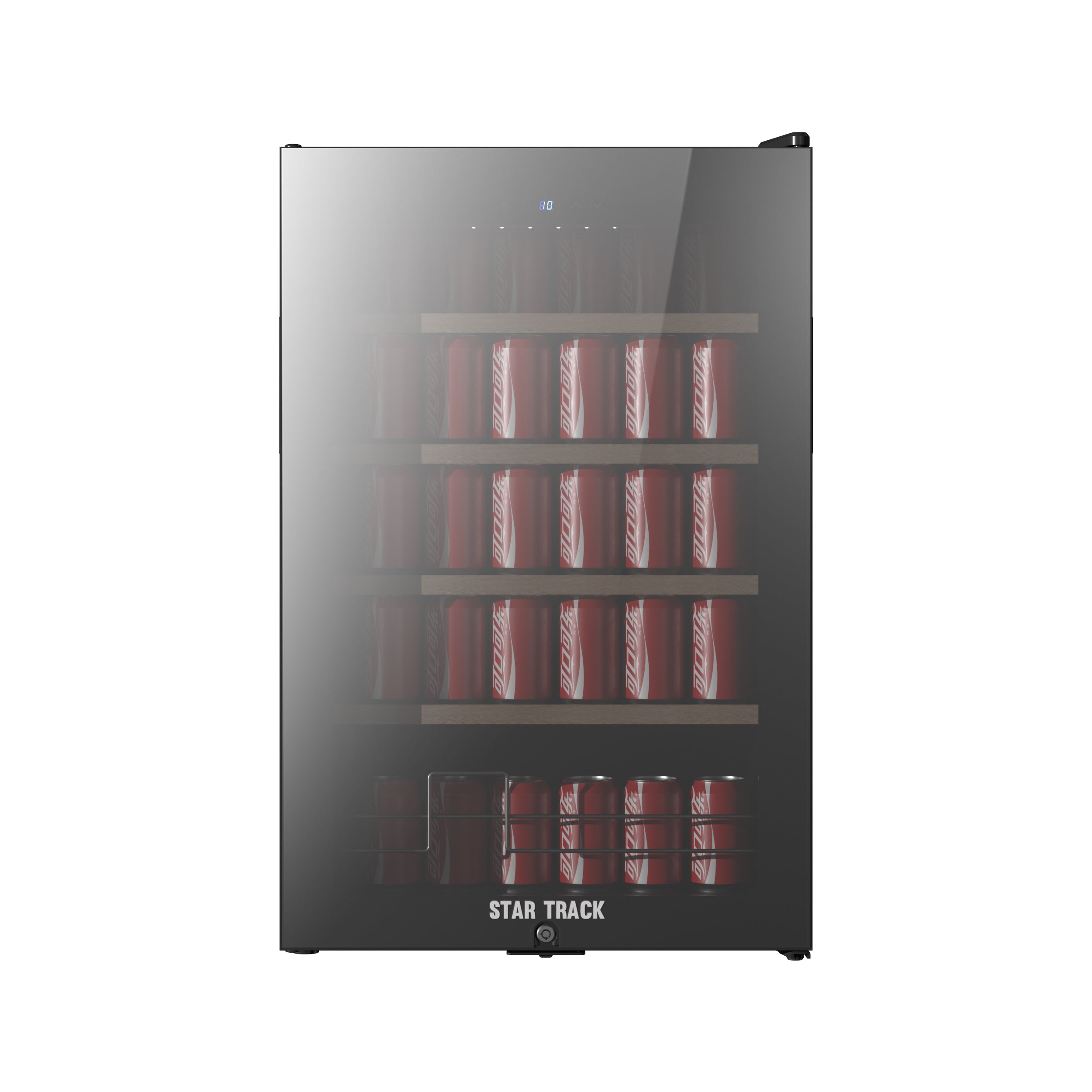 115L Beverage Cooler featuring mirror glass door with organized cans displayed on wooden shelves, illuminated by blue LED light. STAR TRACK branded black exterior with sleek design and secure lock, perfect for modern beverage storage and display.