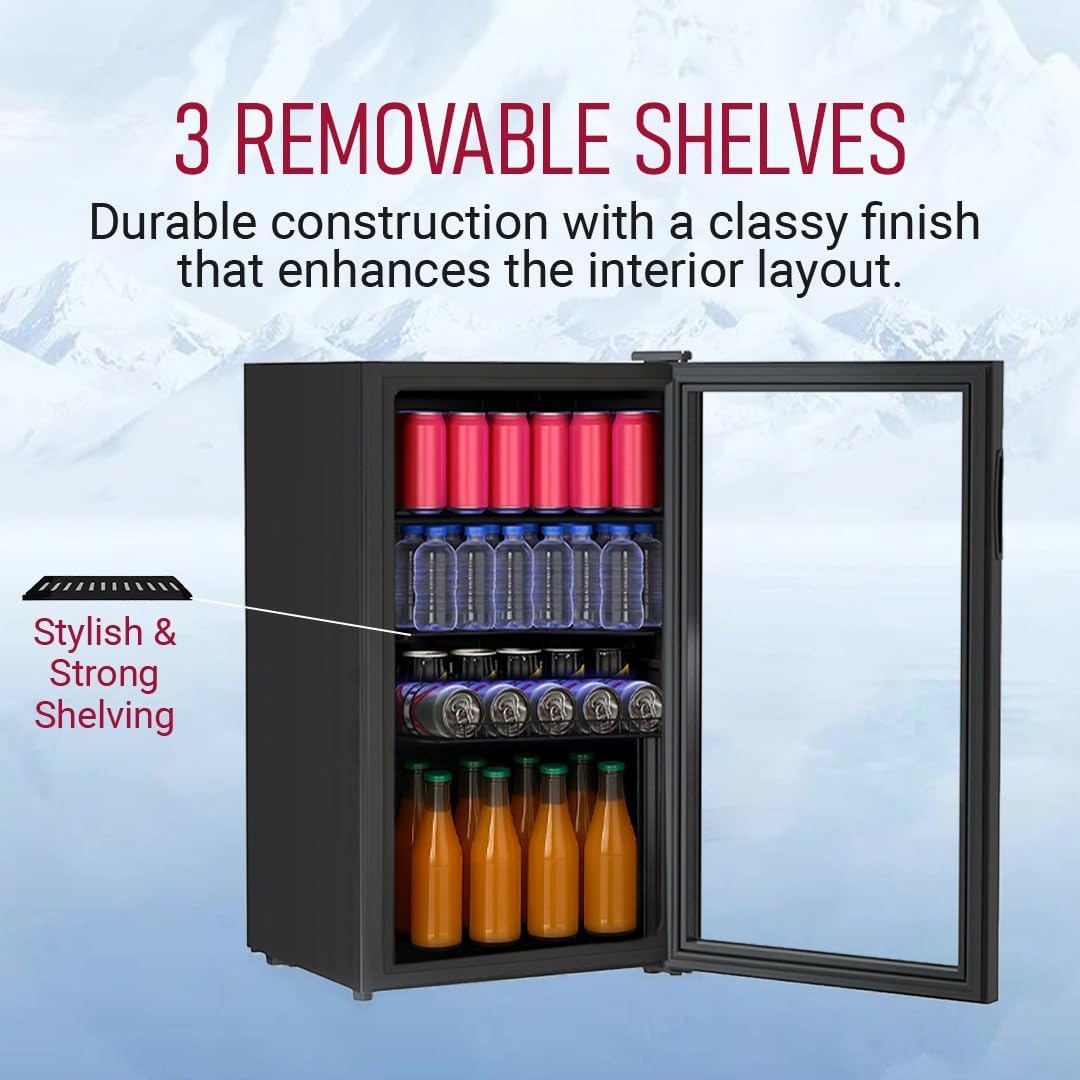 Black refrigerator with open door displaying various bottles, text about removable shelves and durable construction.