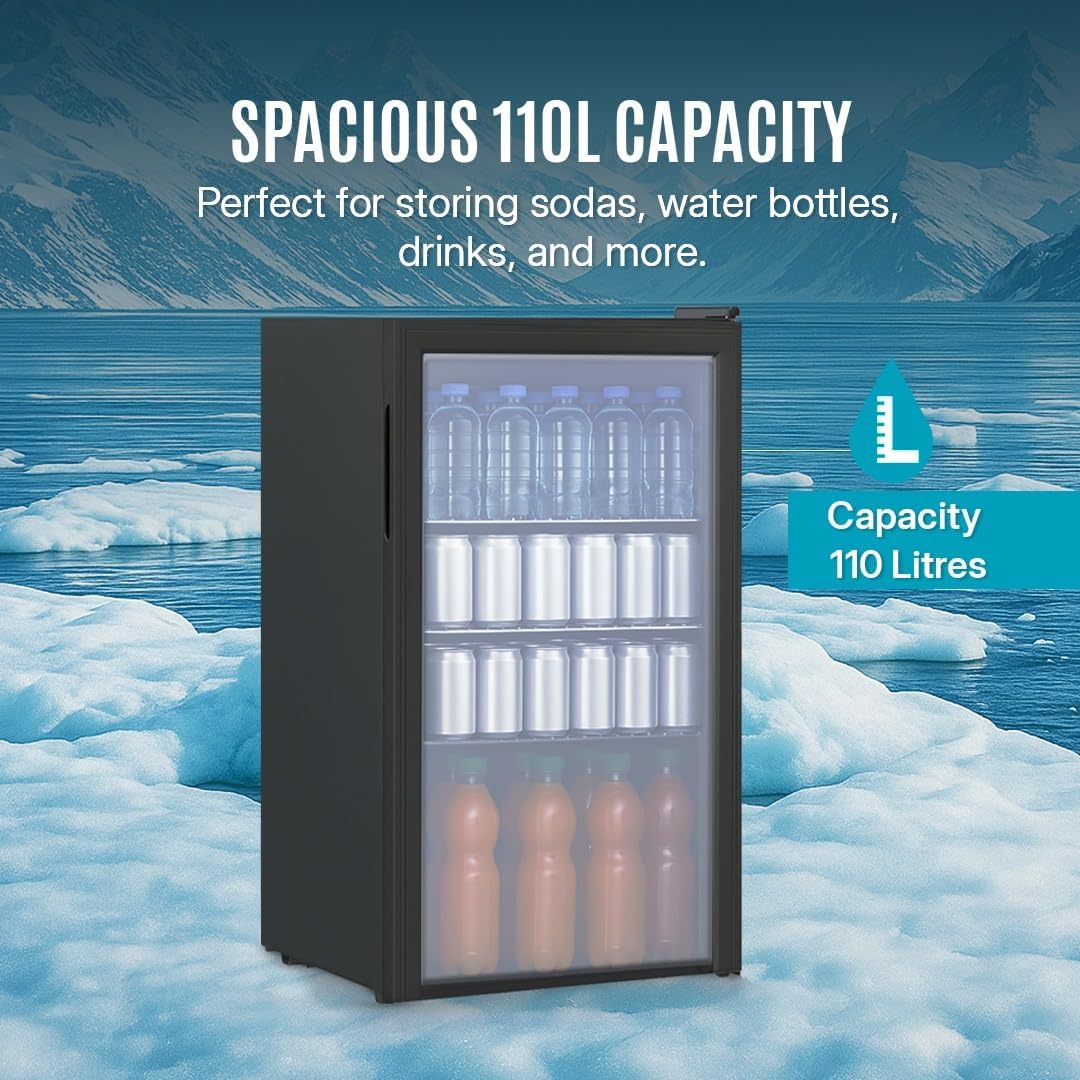 Small refrigerator with 110L capacity displayed against a icy landscape background.