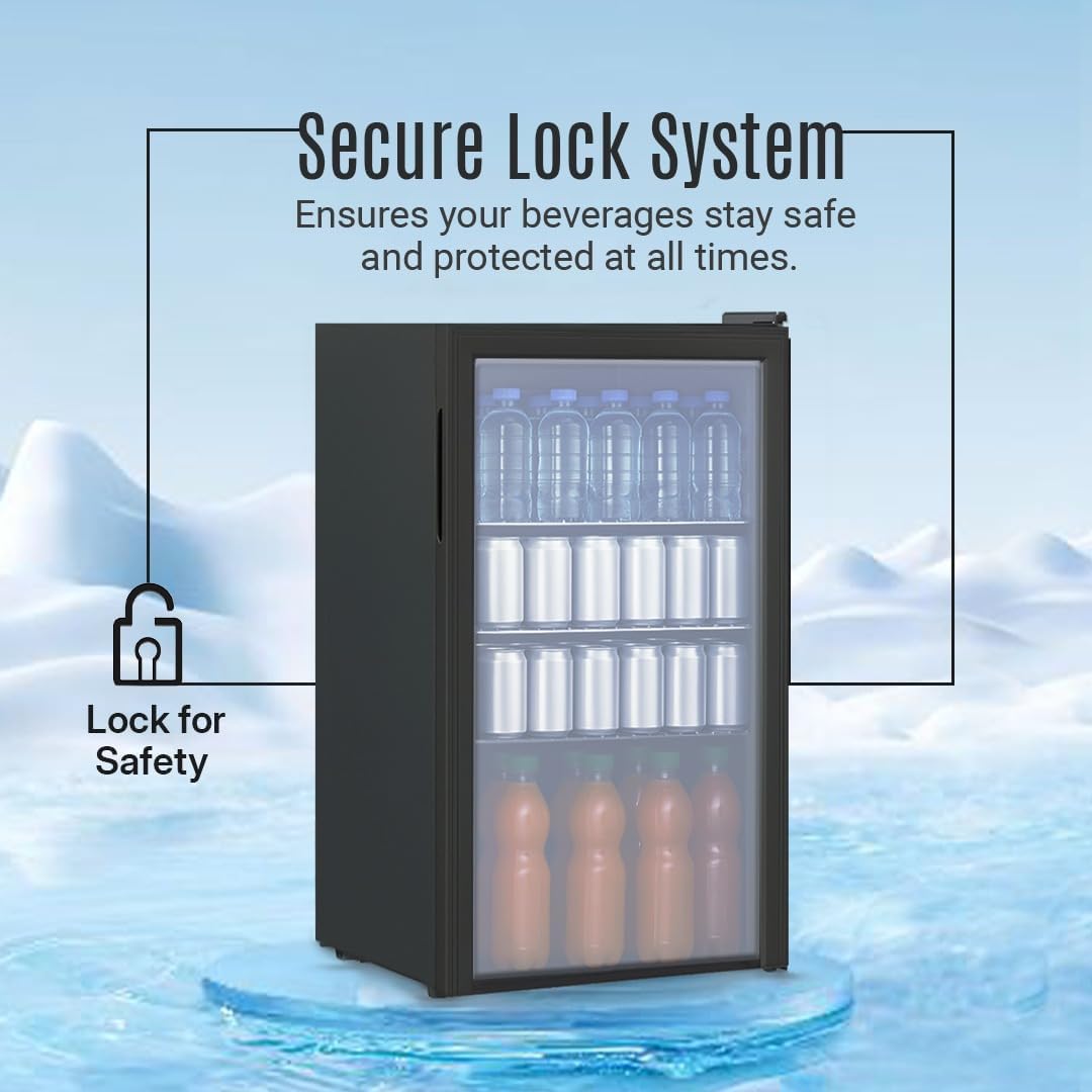 Black beverage cooler with glass door displaying drinks, surrounded by icebergs with text about a secure lock system.