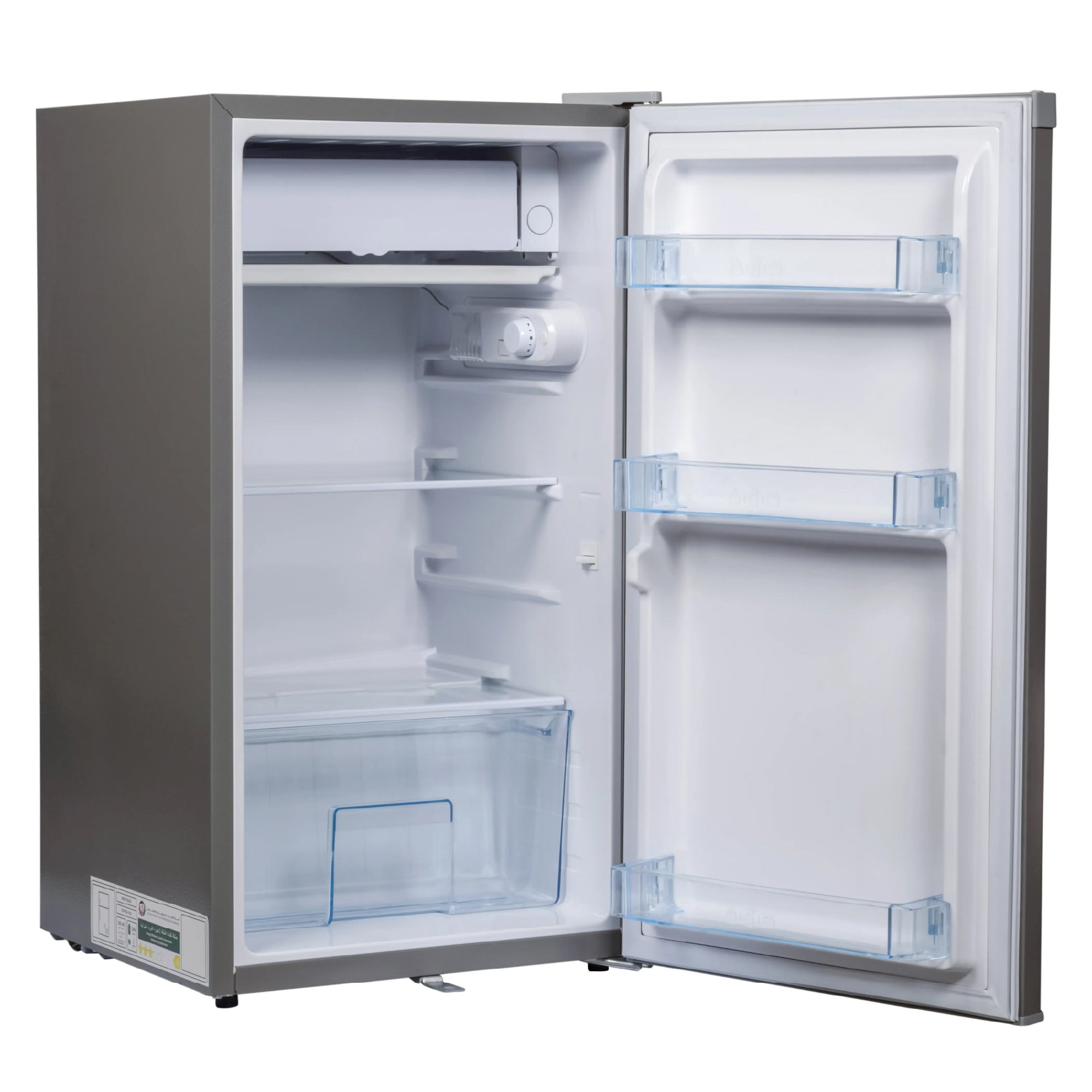 STAR TRACK 110L Single Door Refrigerator in grey color with open door showing interior glass shelves, door compartments, and vegetable crisper drawer, featuring adjustable temperature control and compact design suitable for small spaces.