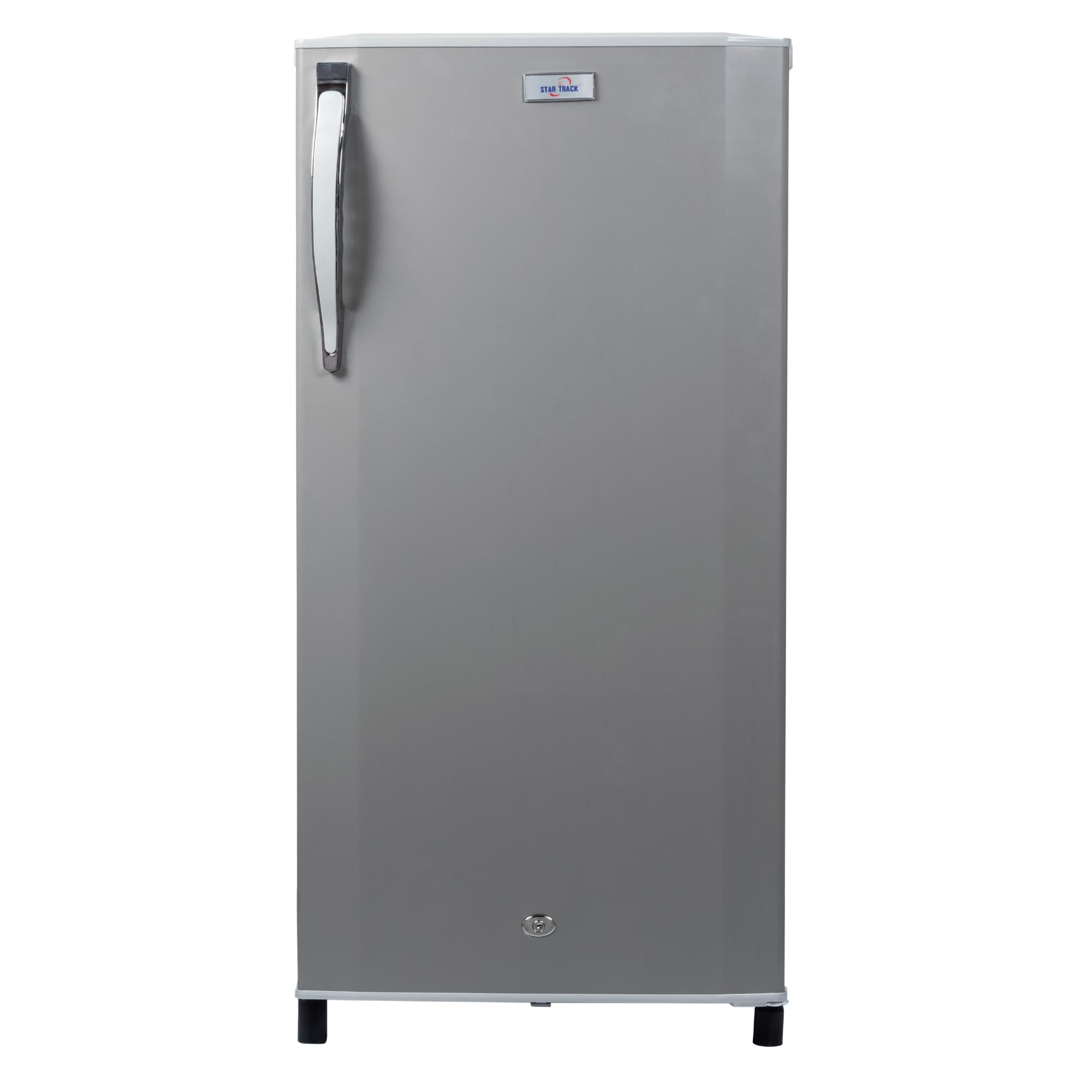 STAR TRACK 250L Single Door Refrigerator in grey color with sleek vertical design, featuring chrome handle, adjustable shelves, child lock, and compact dimensions of 520x540x1220mm, ideal for modern kitchens and efficient cooling storage.