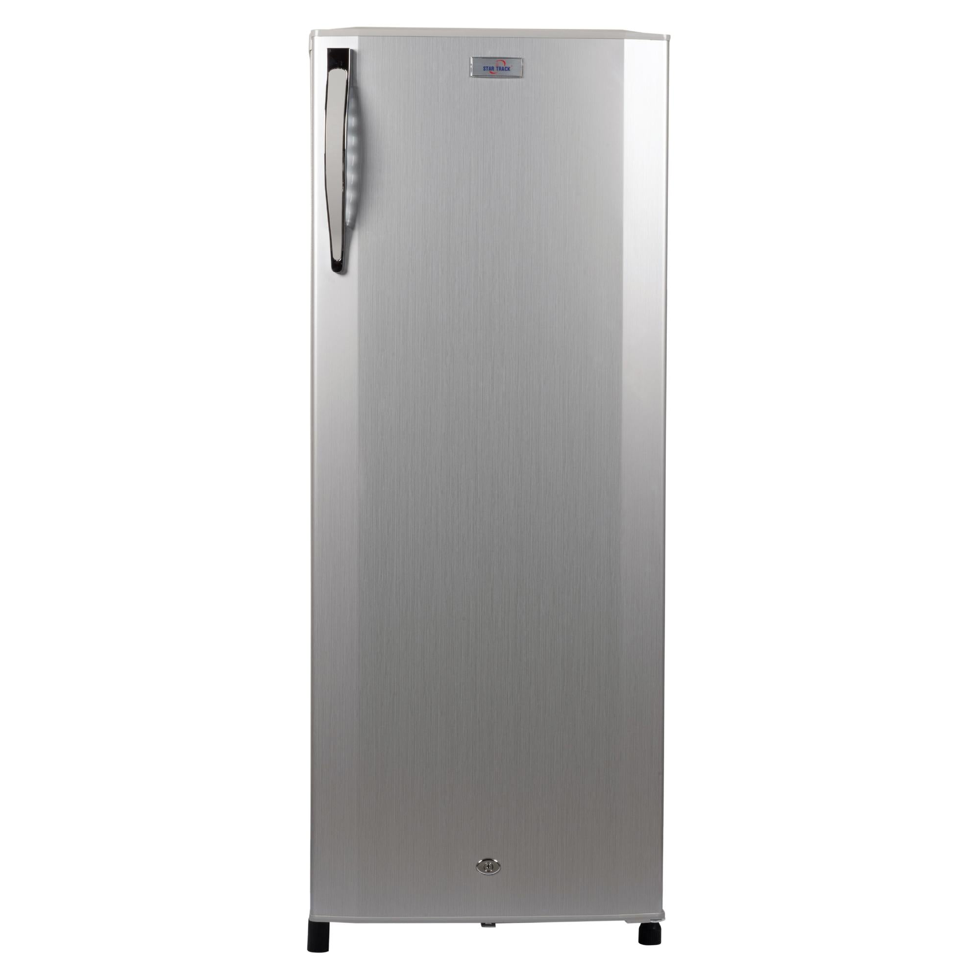 Star Track 275L Single Door Refrigerator in sleek grey finish featuring ergonomic handle, adjustable shelves, and modern brushed steel exterior. Energy-efficient design with child lock function and compact dimensions perfect for home use.