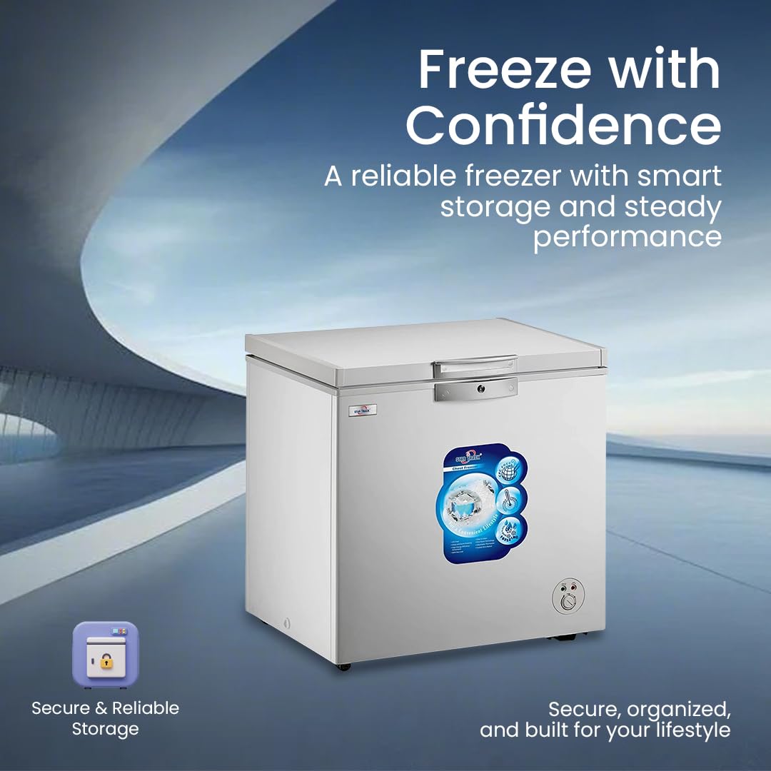 White freezer with blue label on a blue background, featuring text 'Freeze with Confidence'.