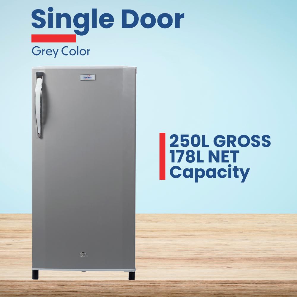 250L Single Door Refrigerator, Grey, Child lock, Compact, Energy-Efficient, Adjustable Shelves