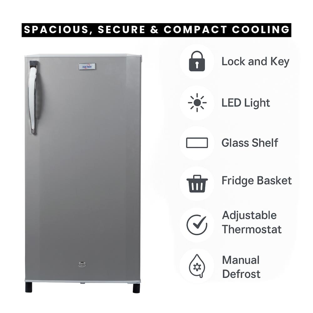 250L Single Door Refrigerator, Grey, Child lock, Compact, Energy-Efficient, Adjustable Shelves