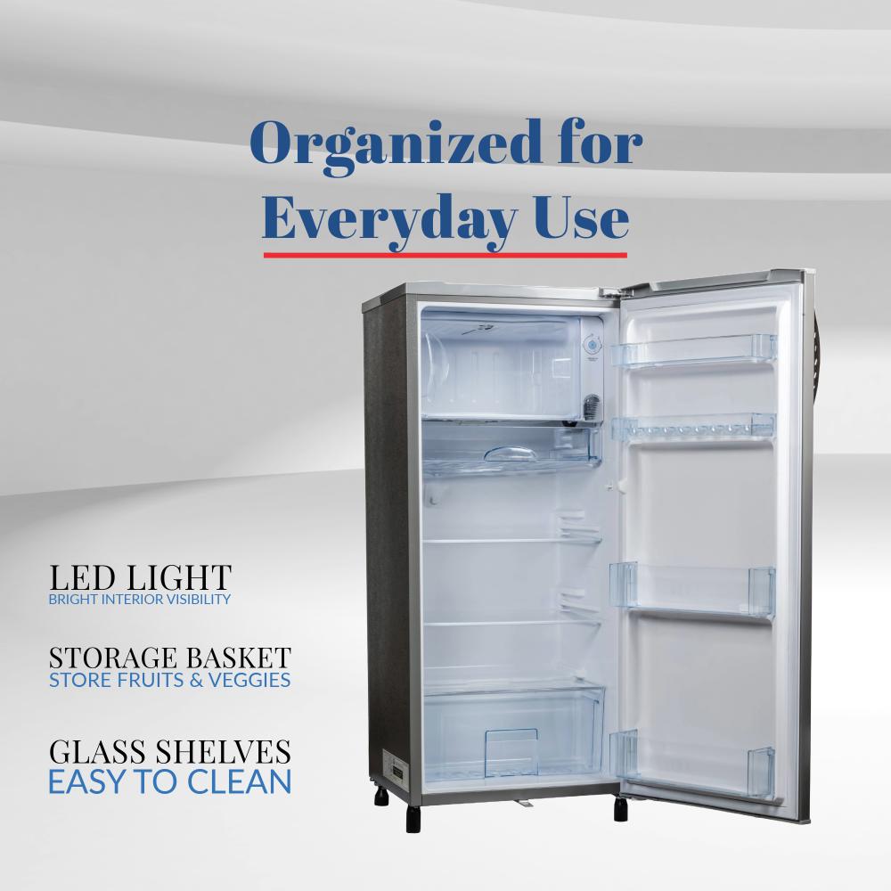 250L Single Door Refrigerator, Grey, Child lock, Compact, Energy-Efficient, Adjustable Shelves
