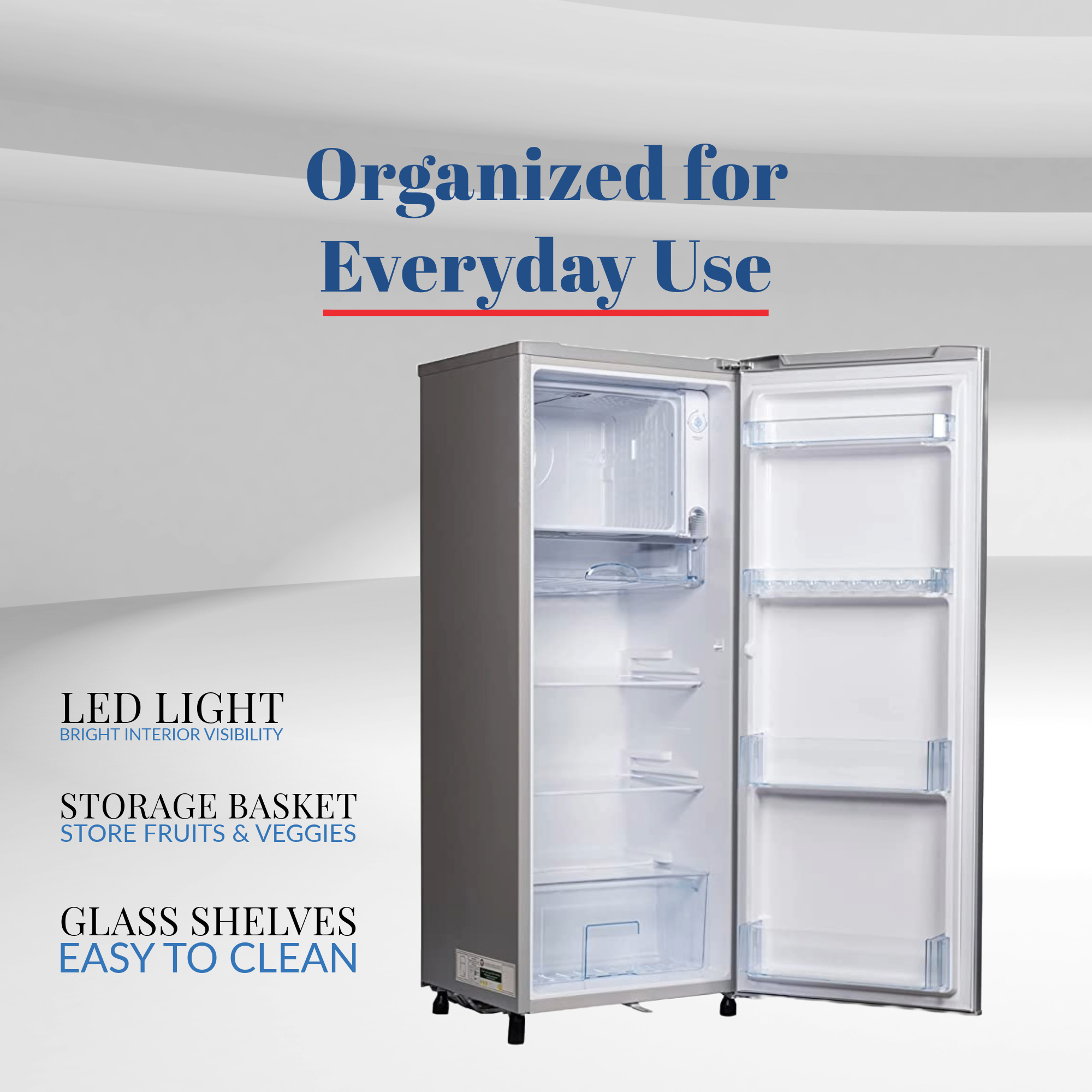 Empty refrigerator with open doors on a white background, featuring text highlighting features.