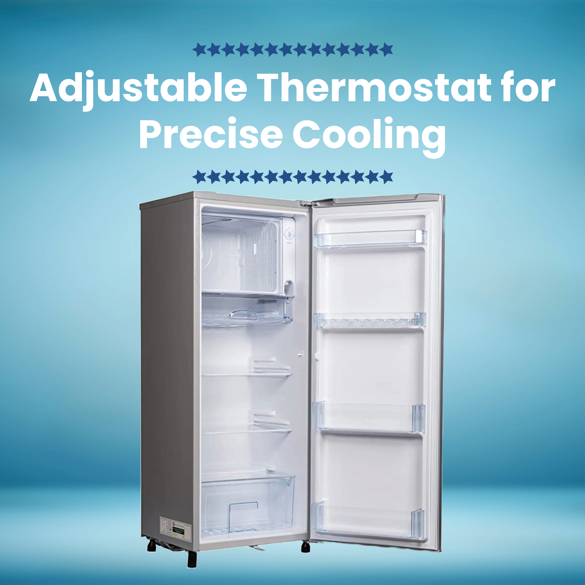 Open refrigerator with adjustable thermostat feature highlighted on a blue background
