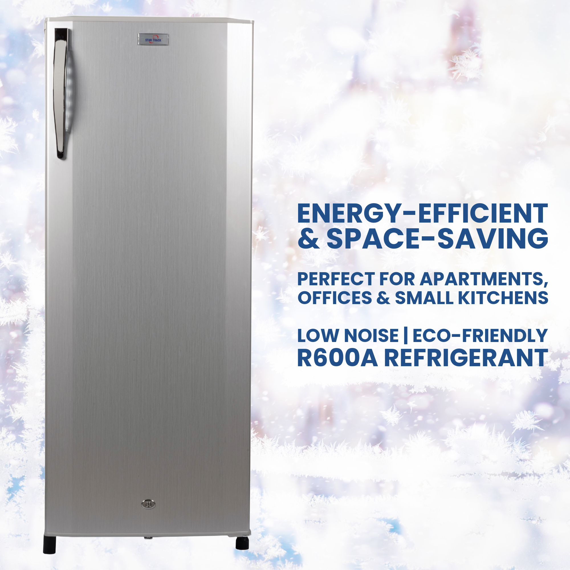 Stainless steel refrigerator with energy-efficient and space-saving features on a snowy background