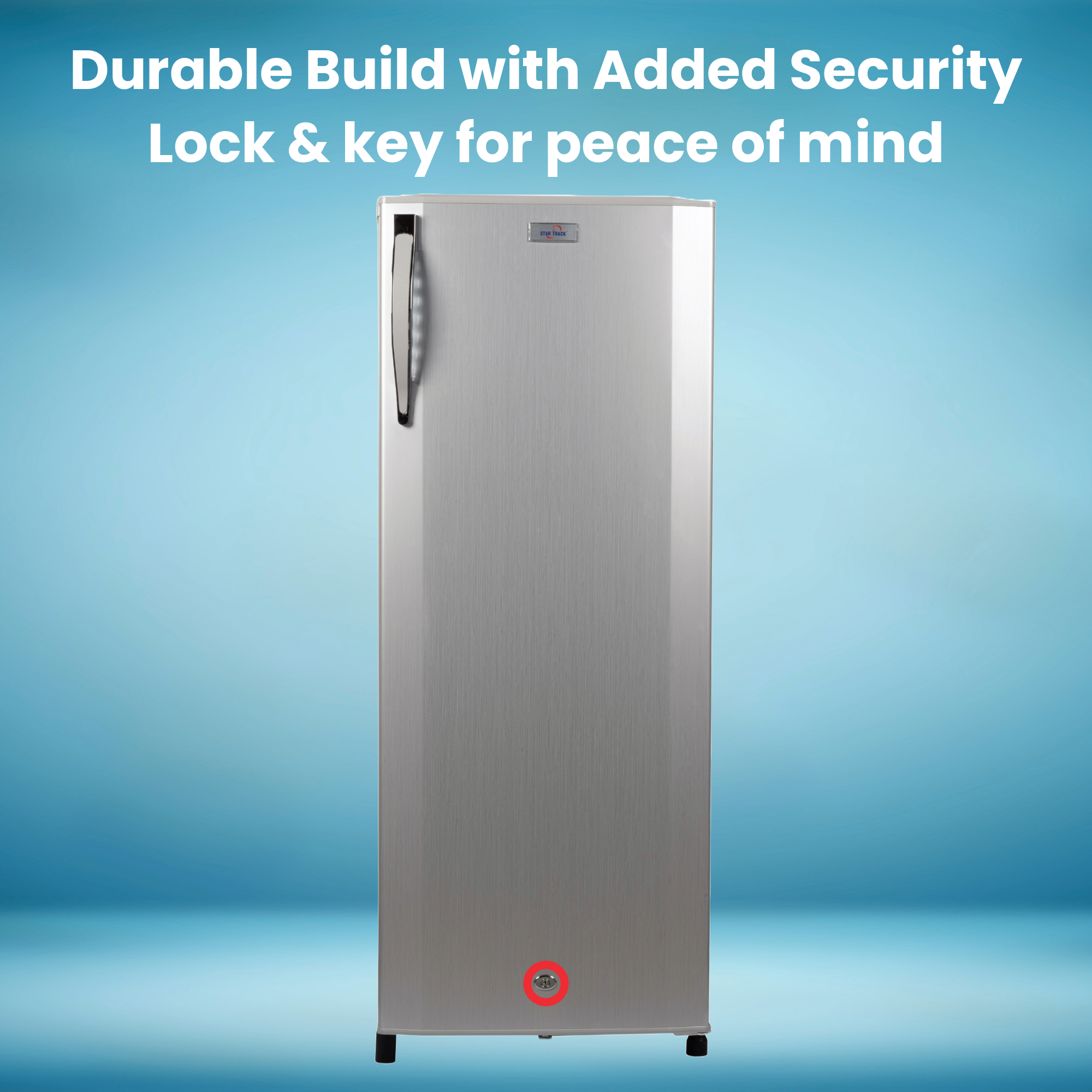 Stainless steel refrigerator with security lock feature on a blue background