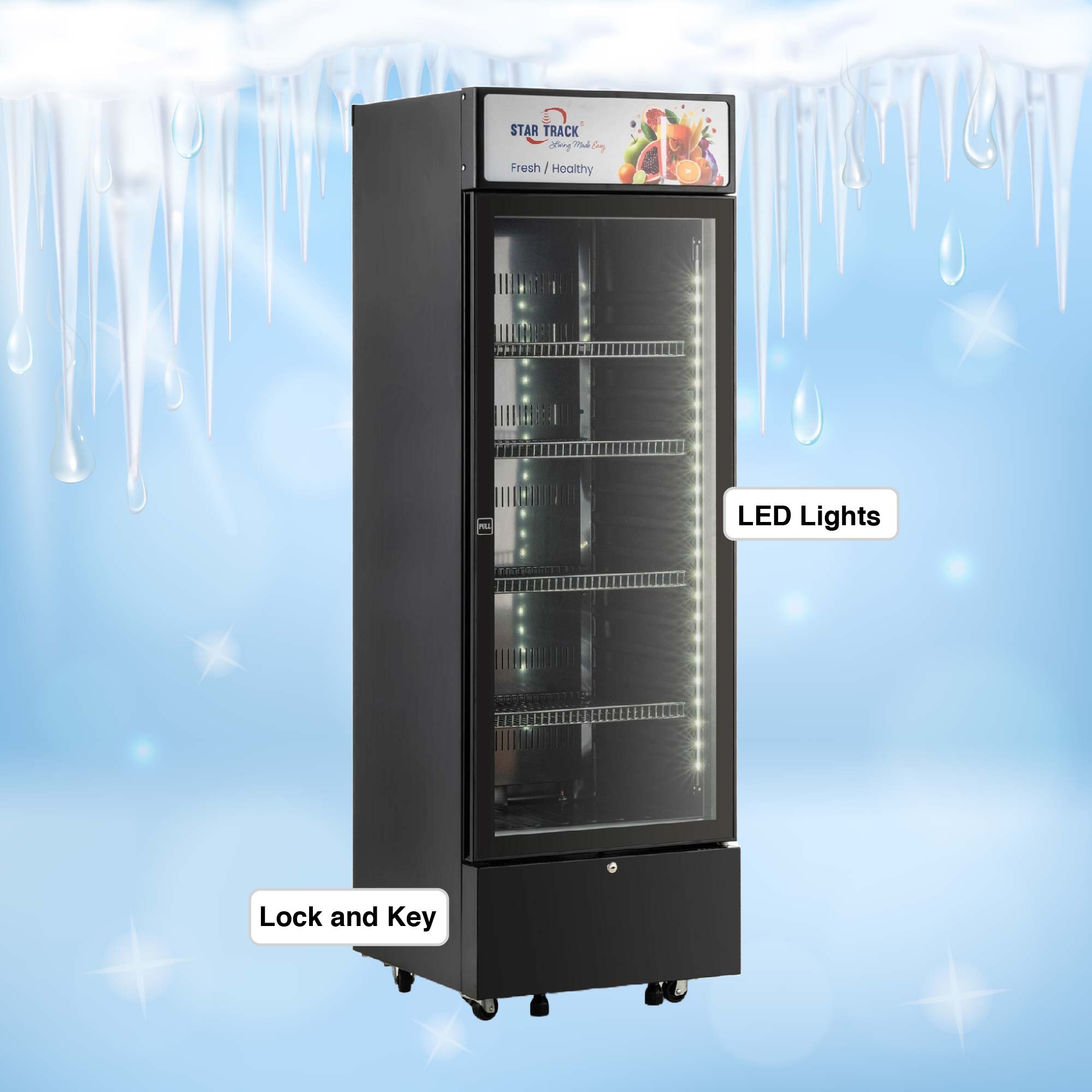 350l, r600a, showcase freezer, led lights, lock and key