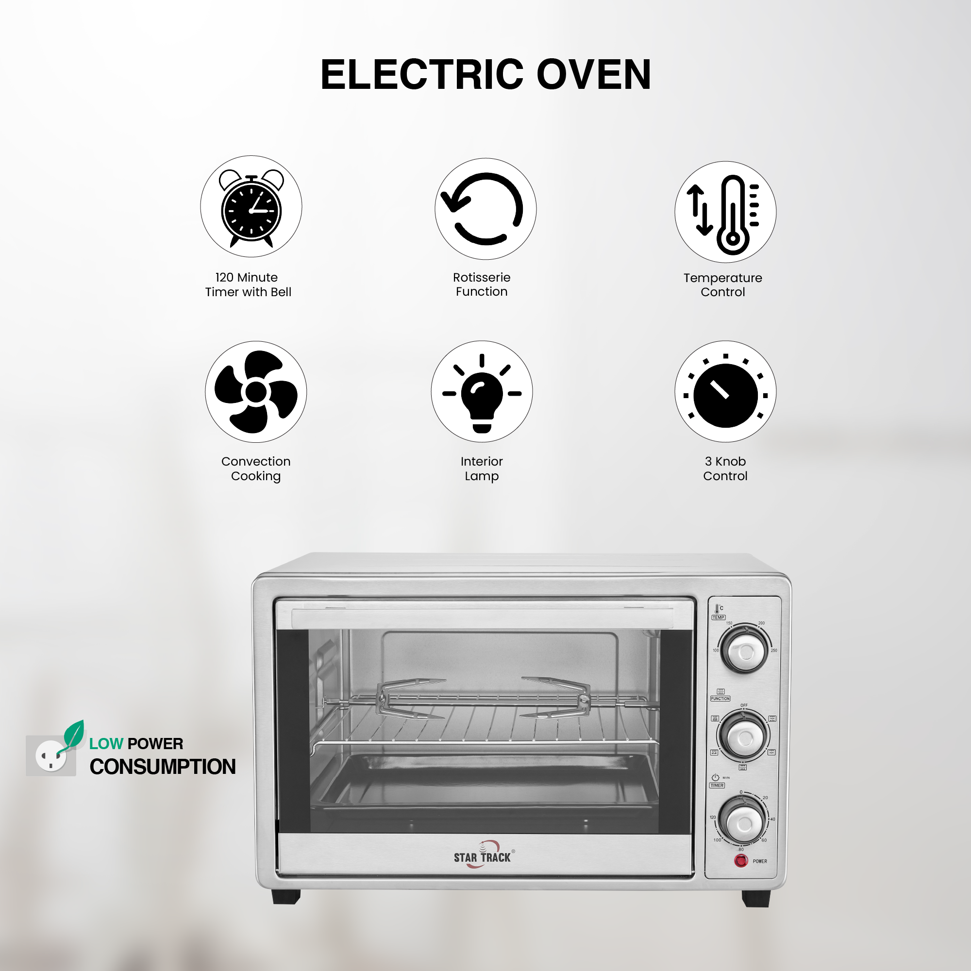 35L Electric Oven with Rotisserie, Convection, 120-Min Timer, Temperature Control 100Β°C-250Β°C, Up/Down and Dual Function, 3 Knob Control, 5 Baking Accessories, Stainless Steel Body and Handle, 1500W