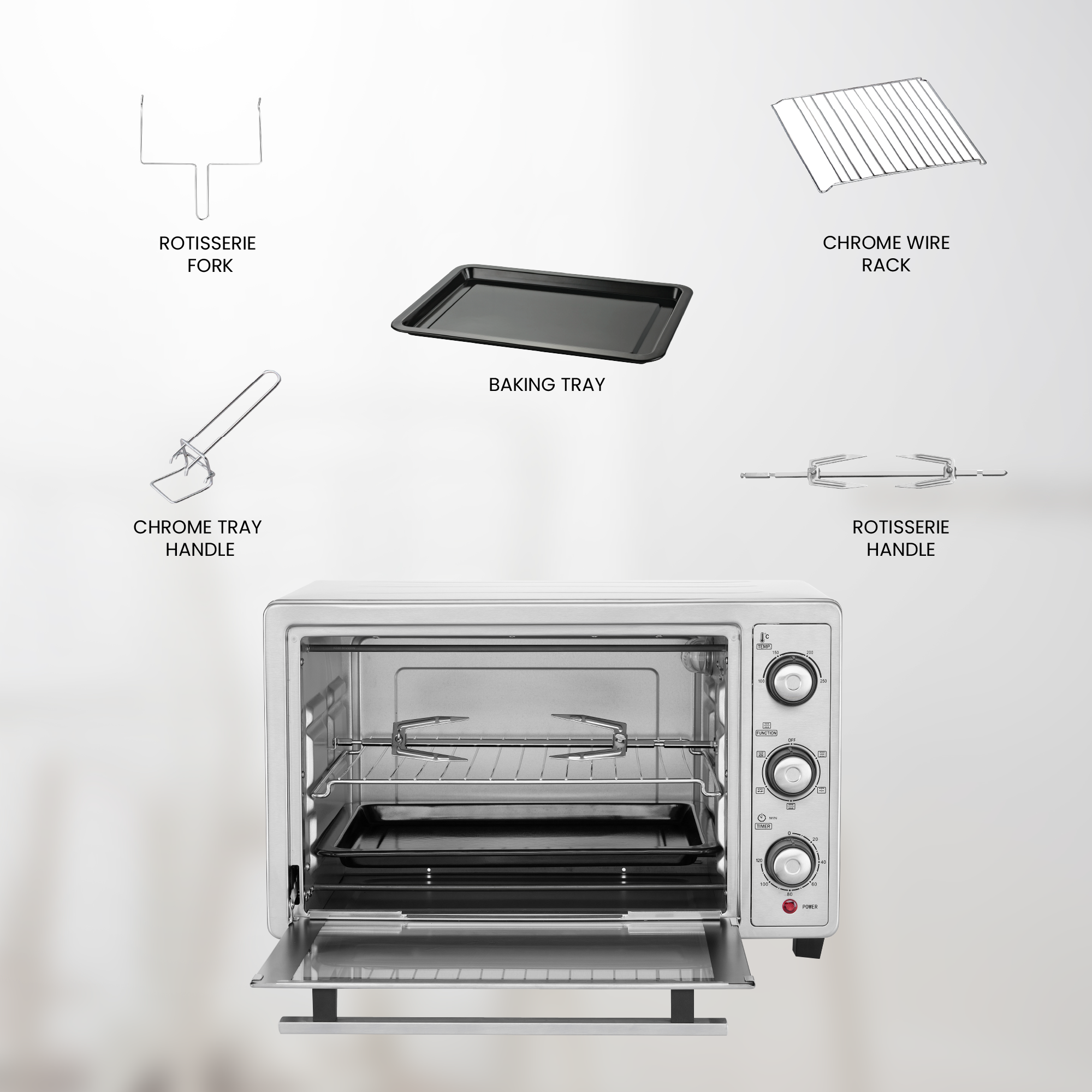 35L Electric Oven with Rotisserie, Convection, 120-Min Timer, Temperature Control 100°C-250°C, Up/Down and Dual Function, 3 Knob Control, 5 Baking Accessories, Stainless Steel Body and Handle, 1500W