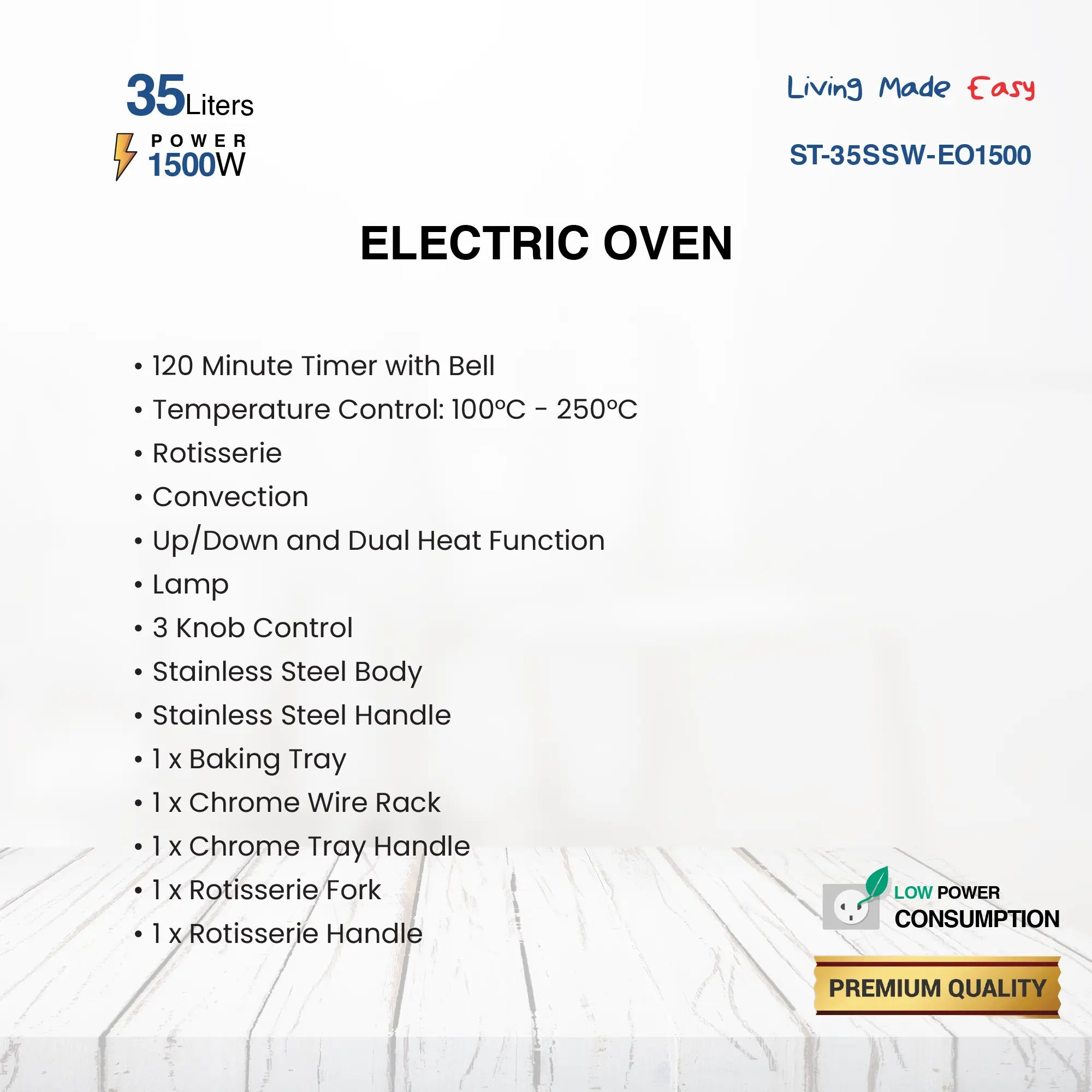 35L Electric Oven with Rotisserie, Convection, 120-Min Timer, Temperature Control 100°C-250°C, Up/Down and Dual Function, 3 Knob Control, 5 Baking Accessories, Stainless Steel Body and Handle, 1500W