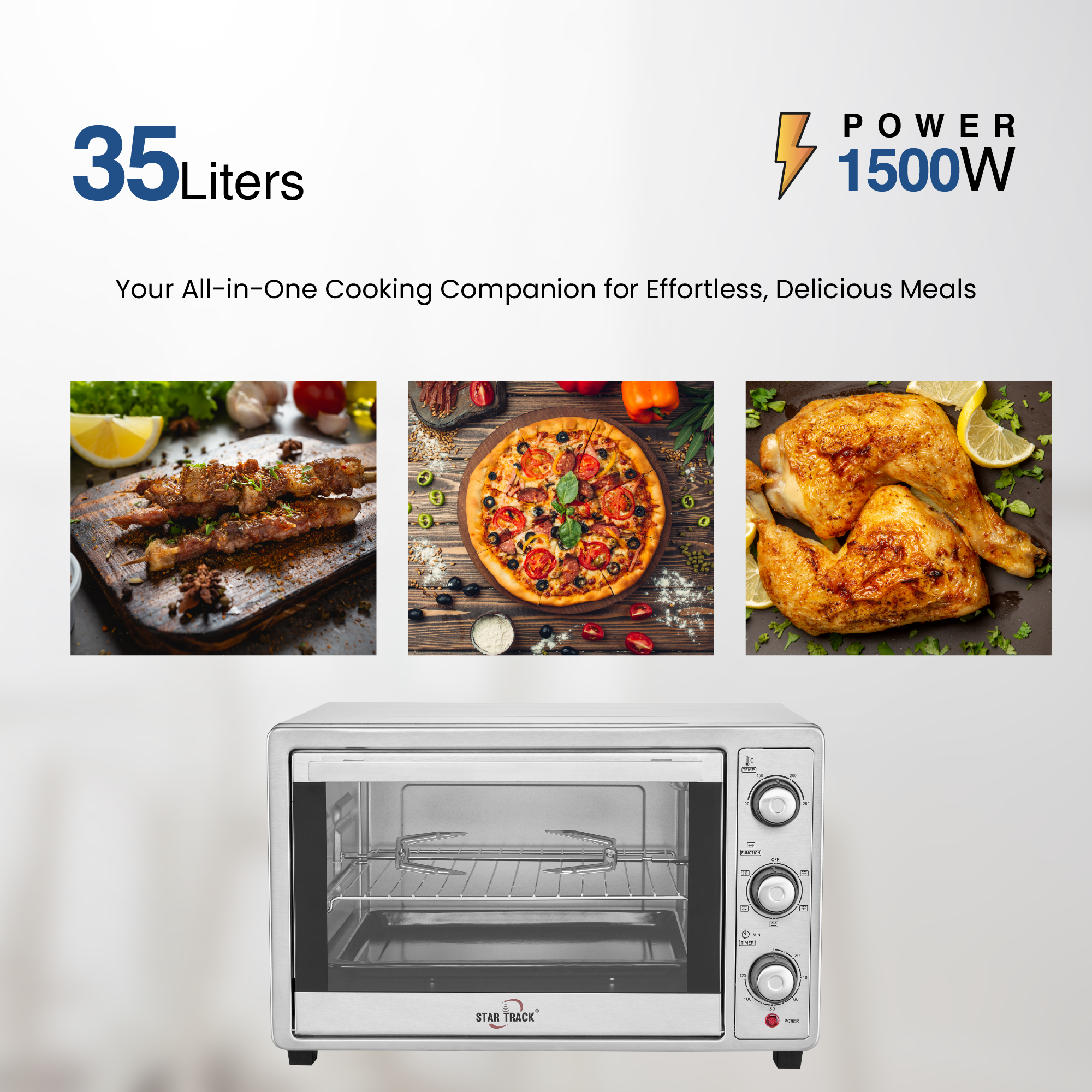35L Electric Oven with Rotisserie, Convection, 120-Min Timer, Temperature Control 100°C-250°C, Up/Down and Dual Function, 3 Knob Control, 5 Baking Accessories, Stainless Steel Body and Handle, 1500W