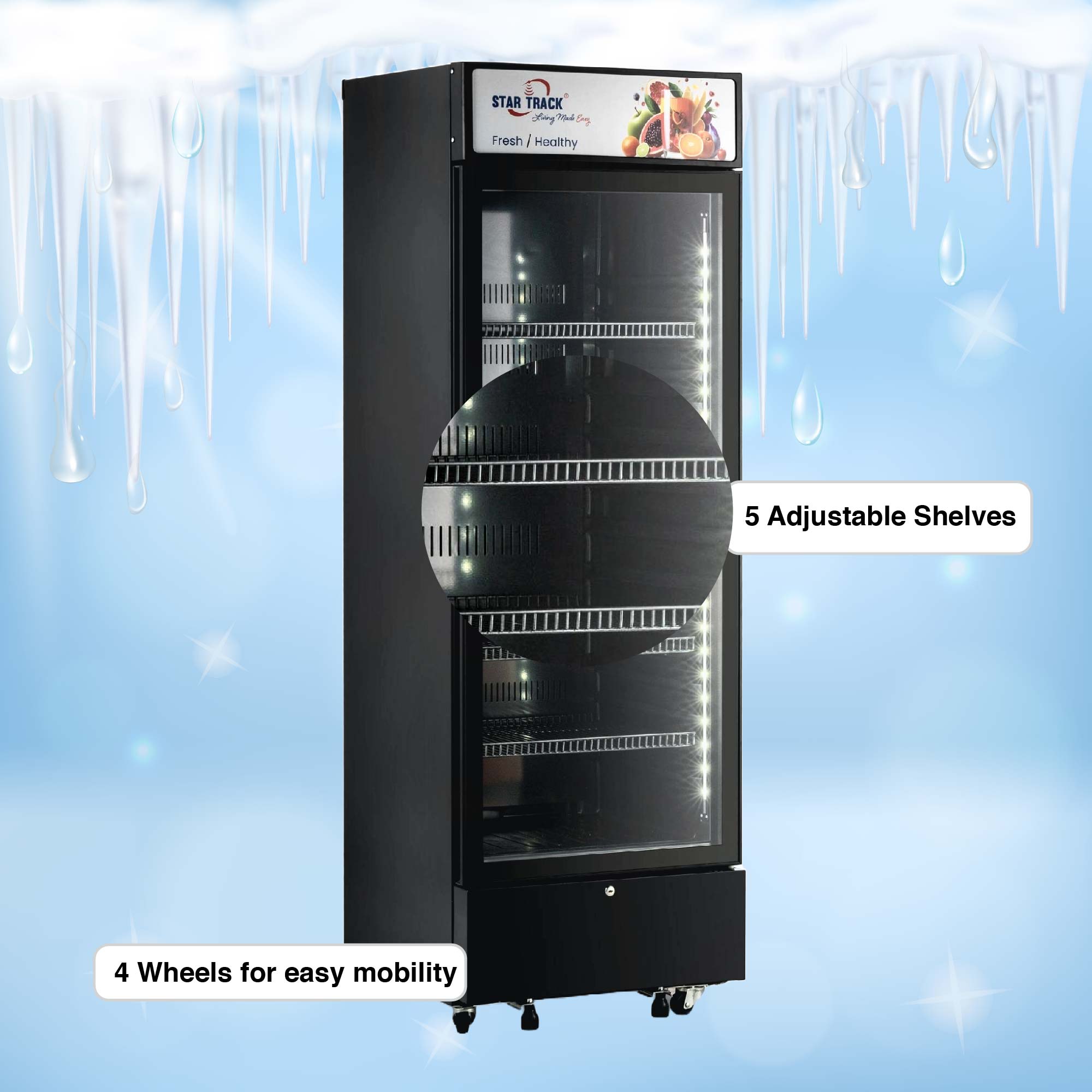 450l, r600a, showcase freezer, 5 adjustable shelves, 4 wheels for easy mobility