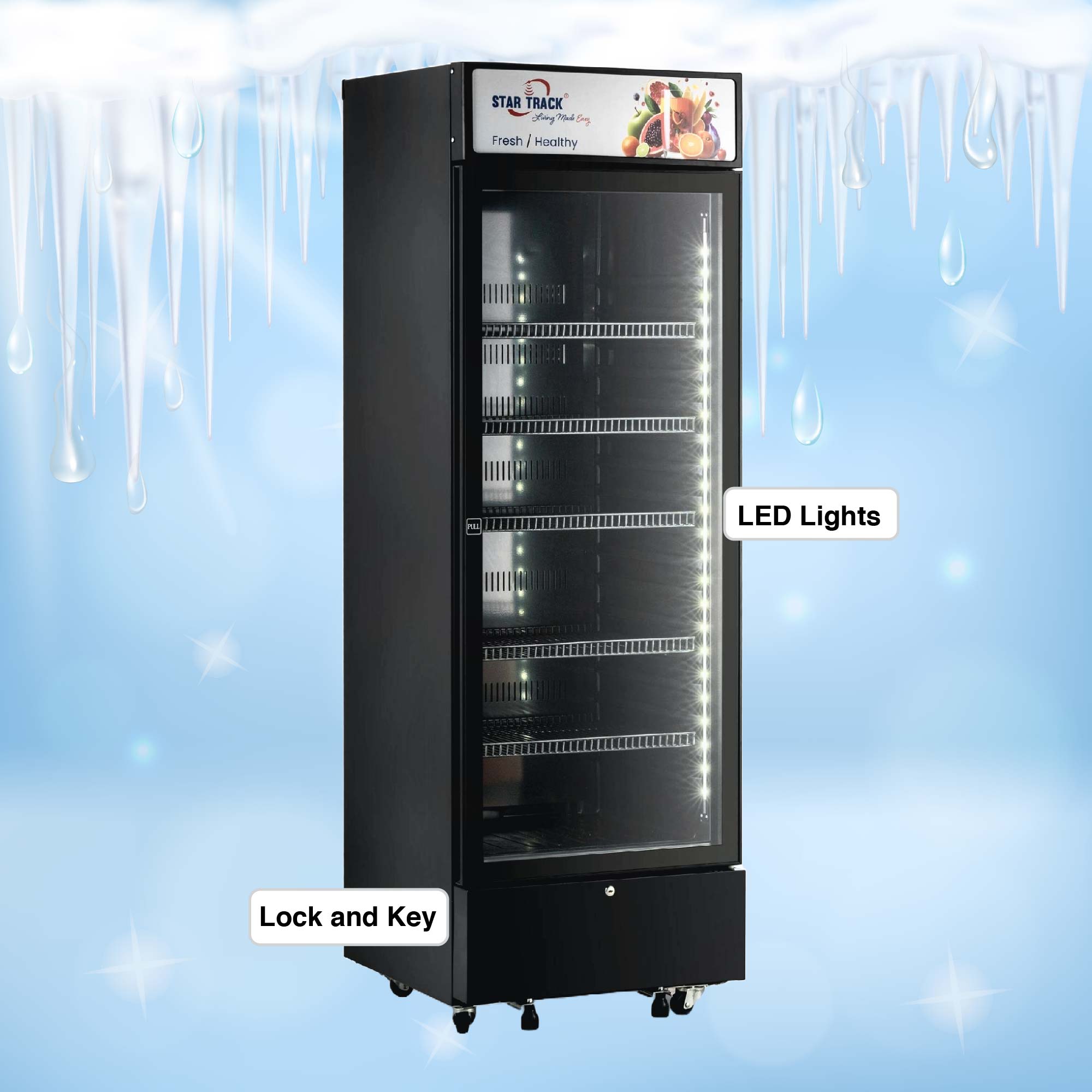 450l, r600a, showcase freezer, led lights, lock and key