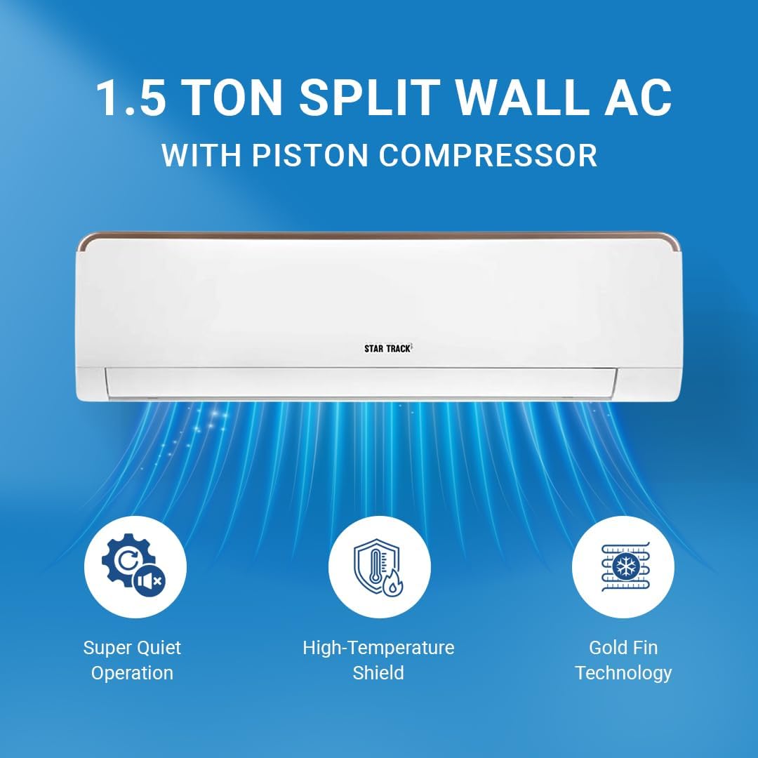 1.5 Ton Split Wall AC, 18000 BTU, Extreme Cooling, 4 Way Air Flow, Dual Drainage, Auto Restart, piston compressor
