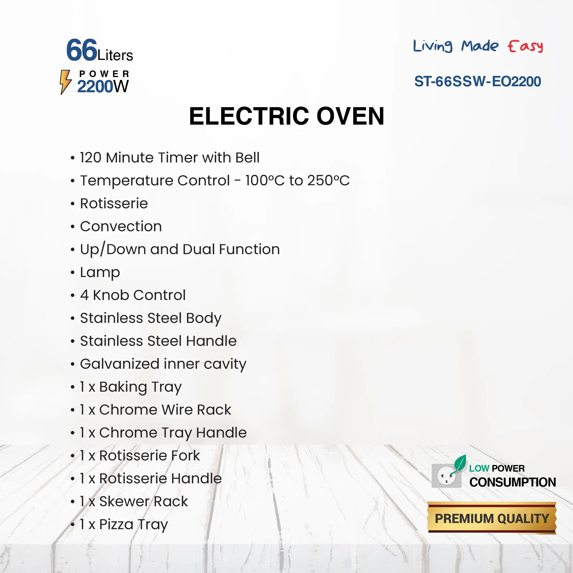 66L Electric Oven with Rotisserie, Convection, 4 Knob, 120-Min Timer, Skewer & Pizza Tray, 2200W Stainless Steel Body, Galvanized Inner Cavity