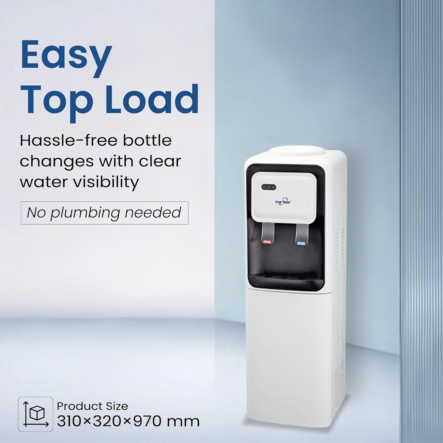 White water dispenser with text highlighting 'Easy Top Load' feature on a light blue background