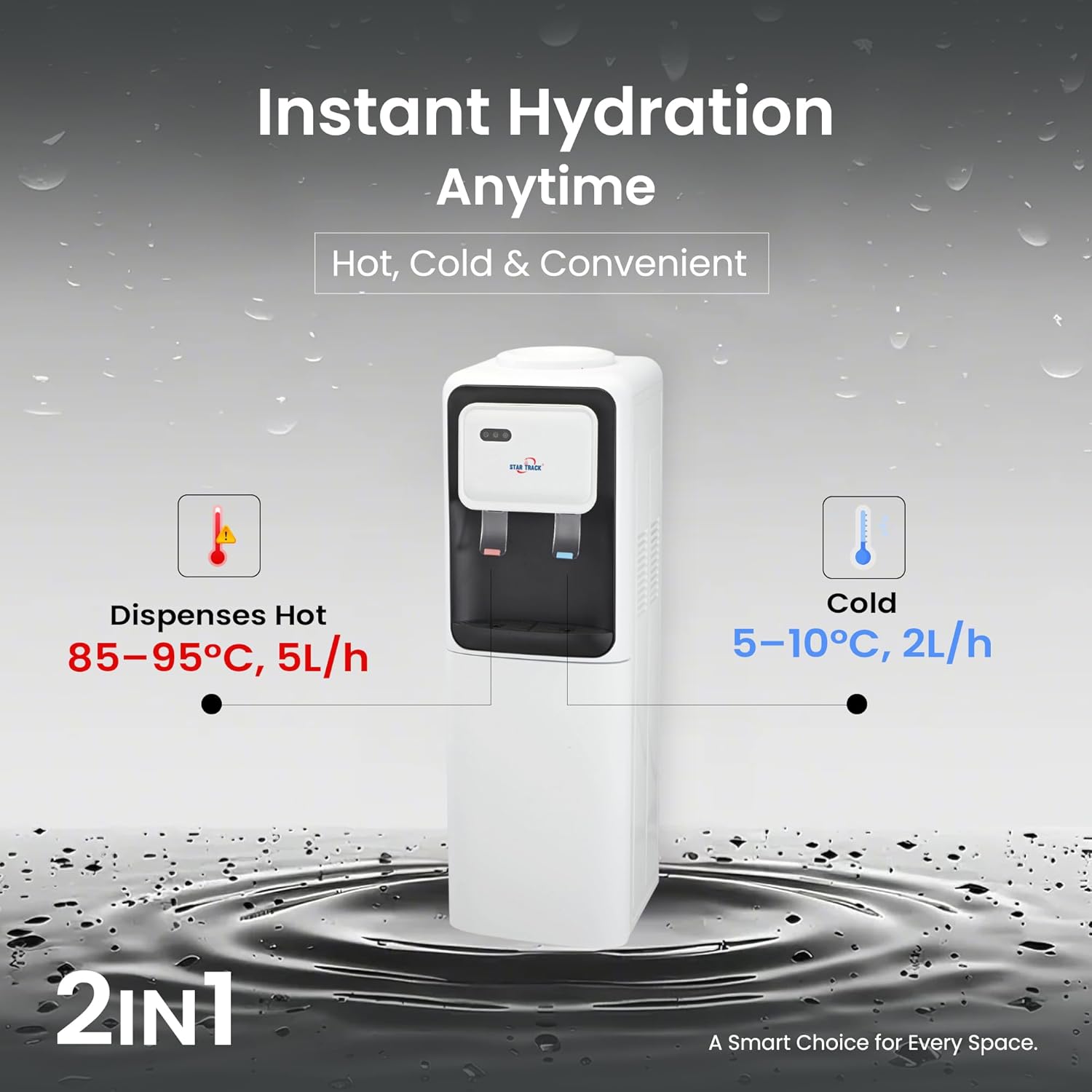 Water dispenser with features highlighted on a gray background
