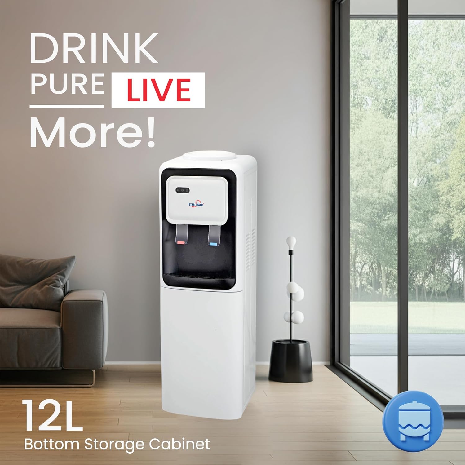 White water dispenser in a modern living room with 'Drink Pure Live More!' text and '12L Bottom Storage Cabinet' label.