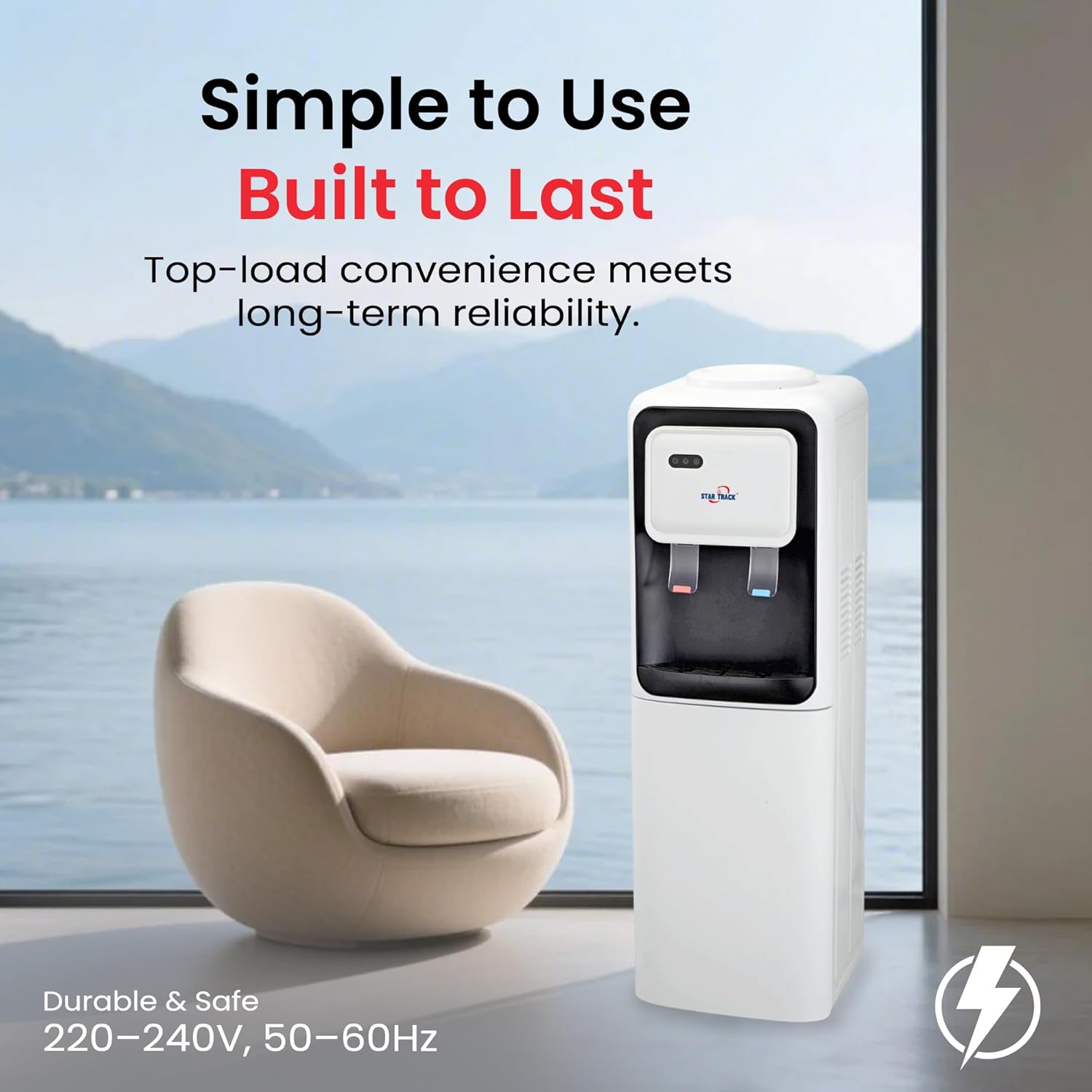 White water dispenser with a chair and scenic background