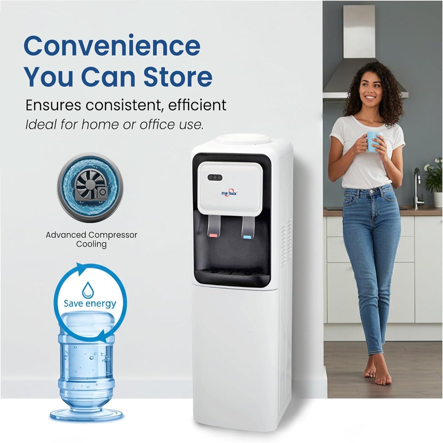 White water dispenser with woman holding a cup in a kitchen setting, featuring text about convenience and energy savings.