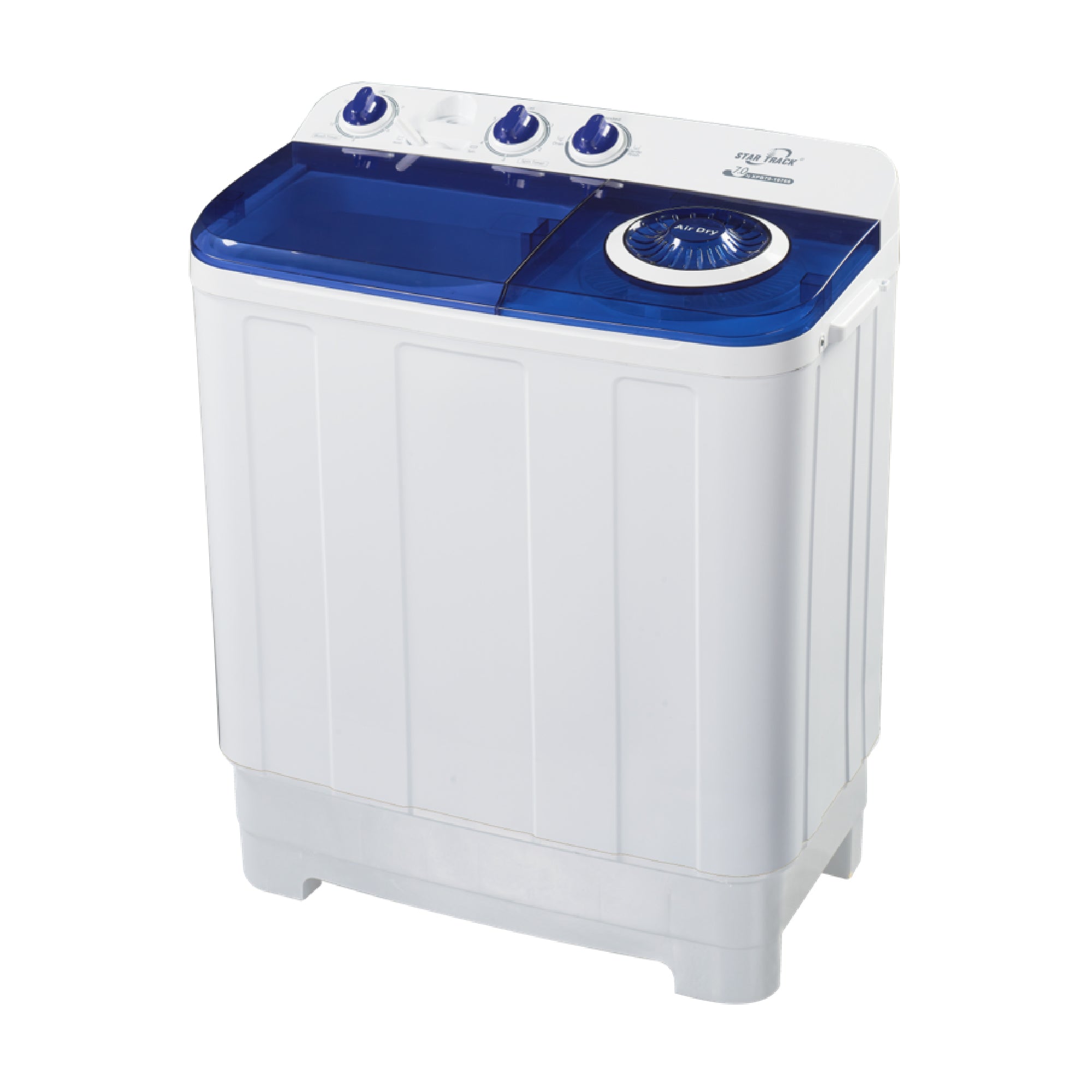 Blue Twin-tub Semi-Automatic Washing Machine with white body, blue top panel, transparent lid, and control knobs. Features mechanical timer dials and dual tubs for washing and spin-drying, perfect for efficient laundry washing and drying in compact spaces.