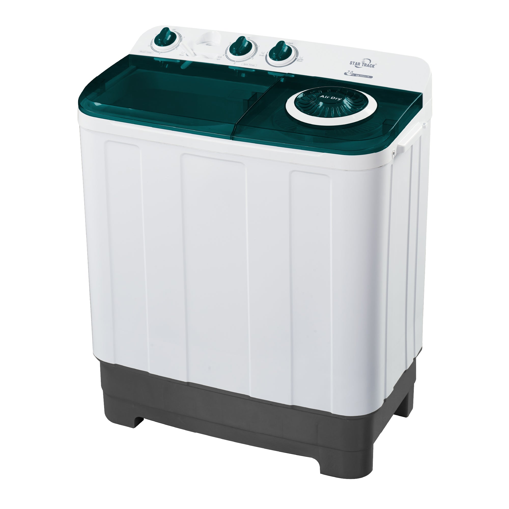 A green and white twin-tub semi-automatic washing machine with a top load and a lint filter.