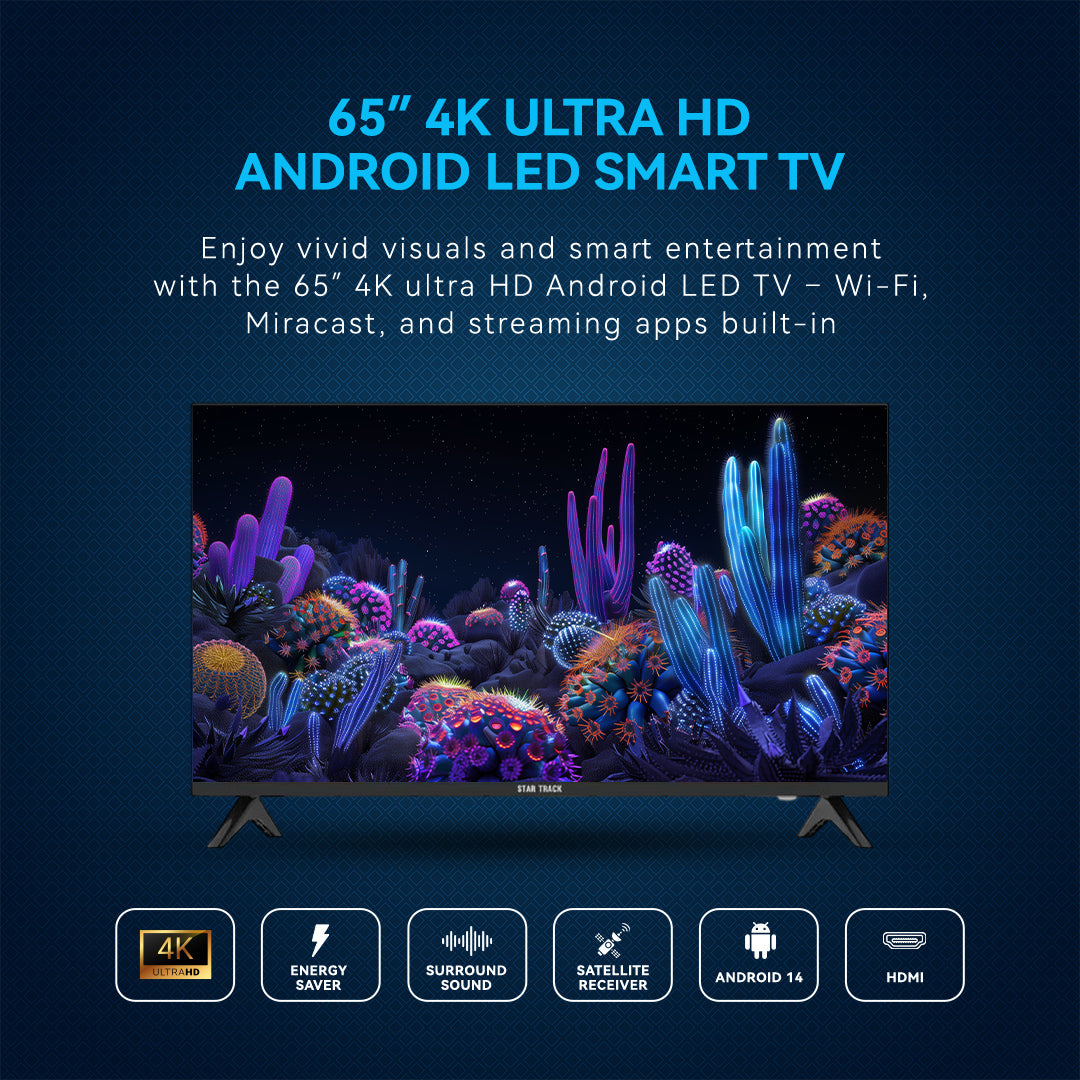 تلفزيون ذكي 4K مقاس 65 بوصة | أندرويد 14، فائق الوضوح، نتفليكس، يوتيوب، ميراكاست، بدون إطار، جهاز استقبال قنوات فضائية