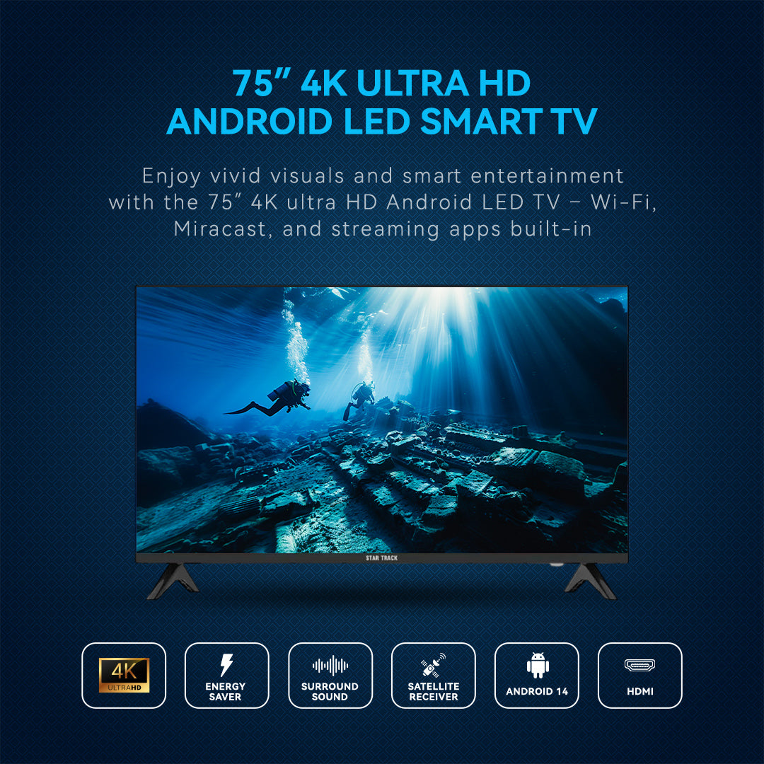 75" 4K Smart TV | Android 14, Ultra HD, Netflix, YouTube, Miracast, Bezel less, Satellite receiver