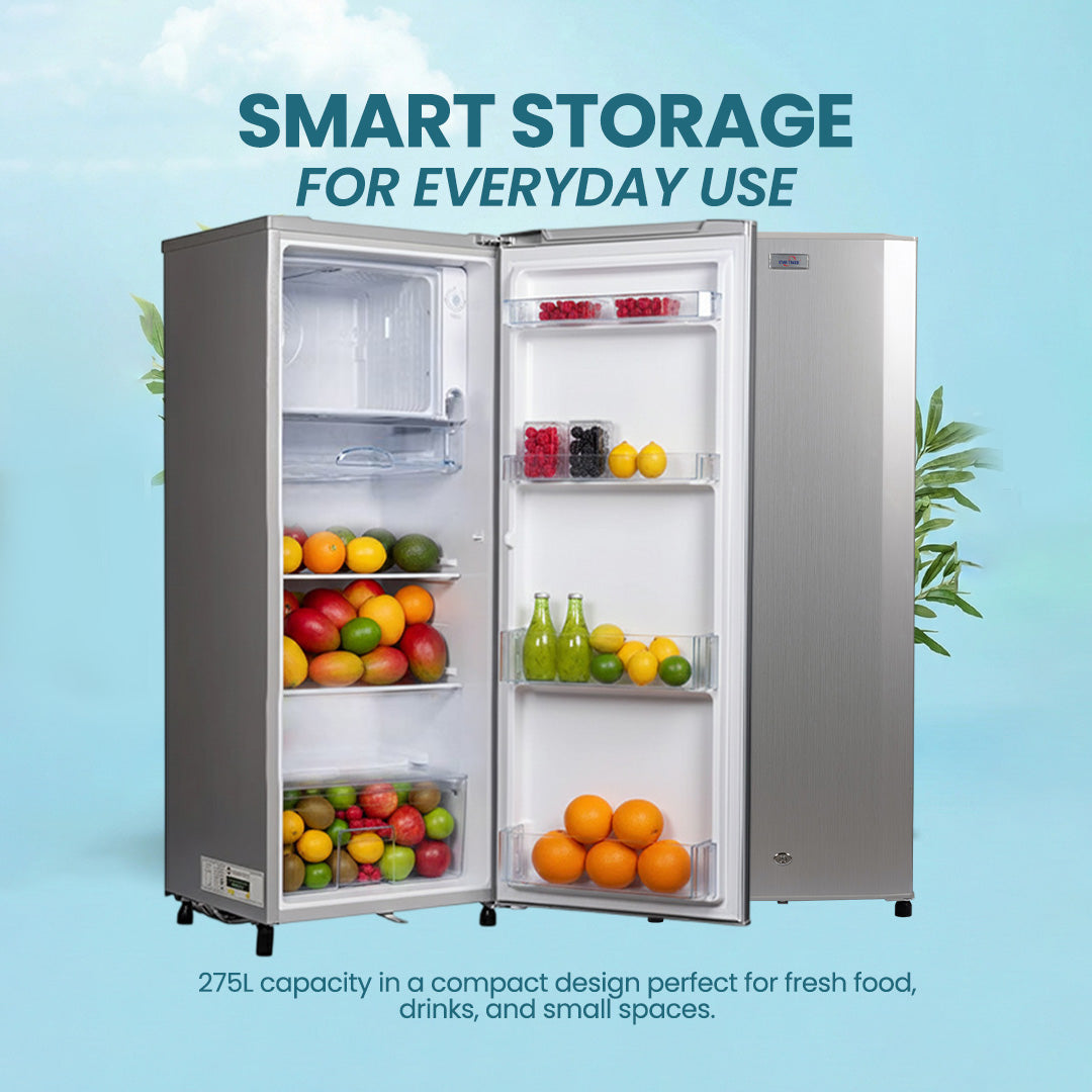 ثلاجة باب واحد سعة 275 لترًا، لون رمادي، قفل أمان للأطفال، صغيرة الحجم، موفرة للطاقة، أرفف قابلة للتعديل