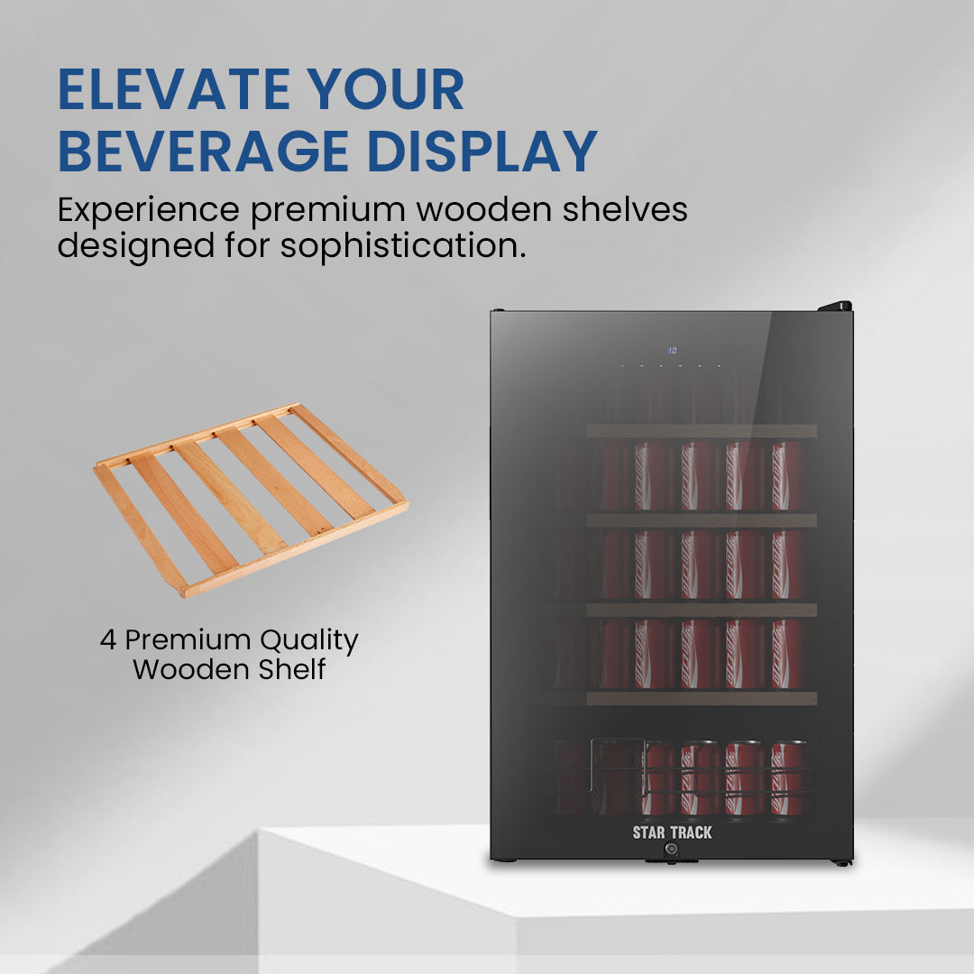 115L Beverage Cooler, Mirror Glass Door, Security Lock, 4 Wooden Shelves, Blue Interior Light – Sleek & Secure Storage