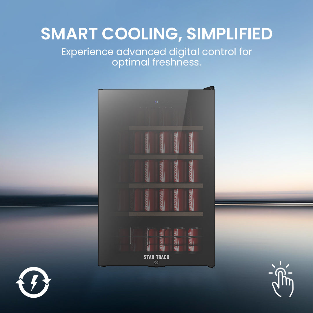 115L Beverage Cooler, Mirror Glass Door, Security Lock, 4 Wooden Shelves, Blue Interior Light – Sleek & Secure Storage