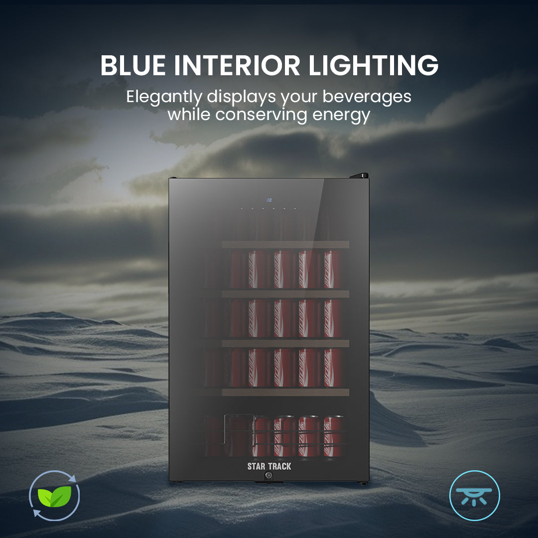 115L Beverage Cooler, Mirror Glass Door, Security Lock, 4 Wooden Shelves, Blue Interior Light – Sleek & Secure Storage