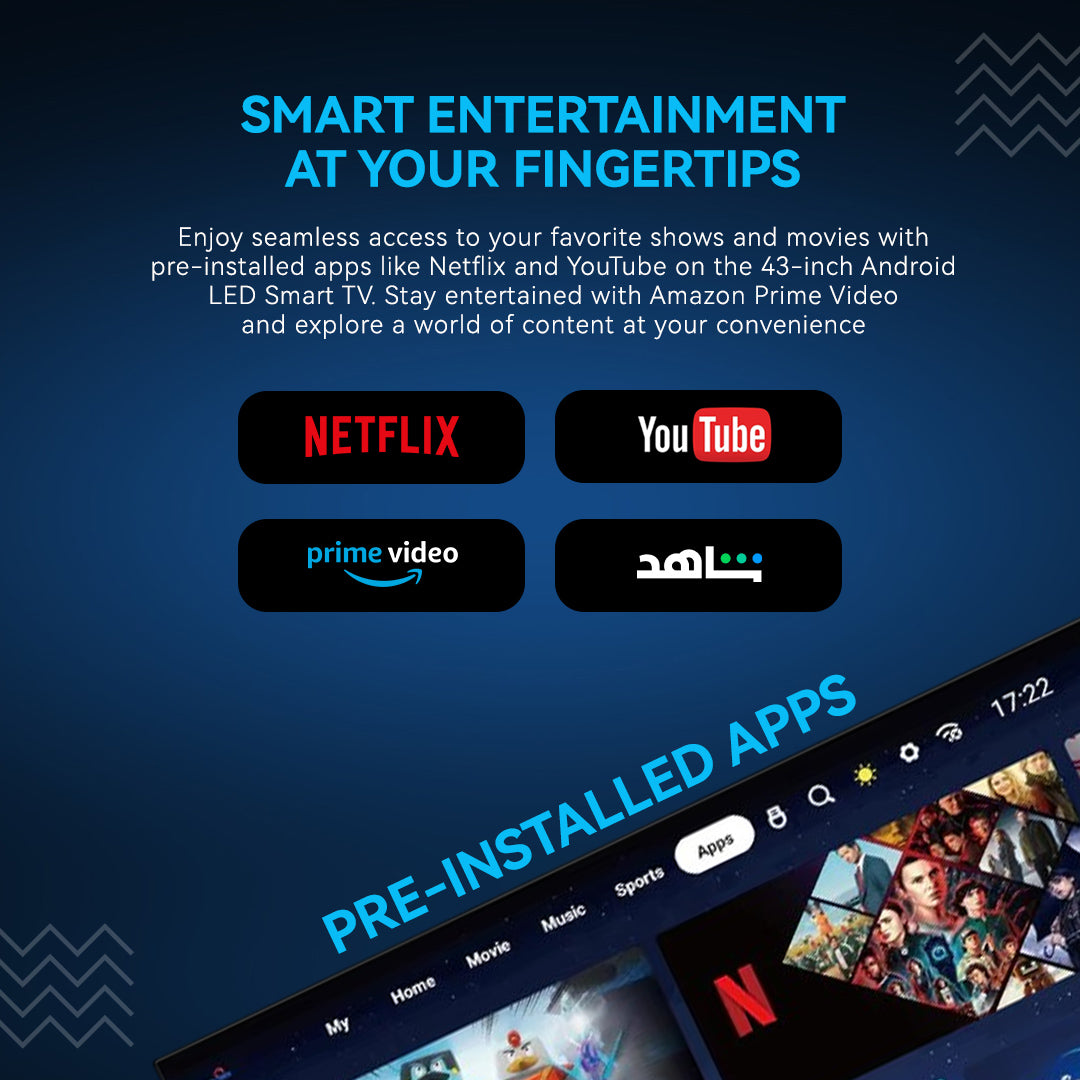 Smart TV interface with pre-installed apps like Netflix, YouTube, and Prime Video on a blue background.