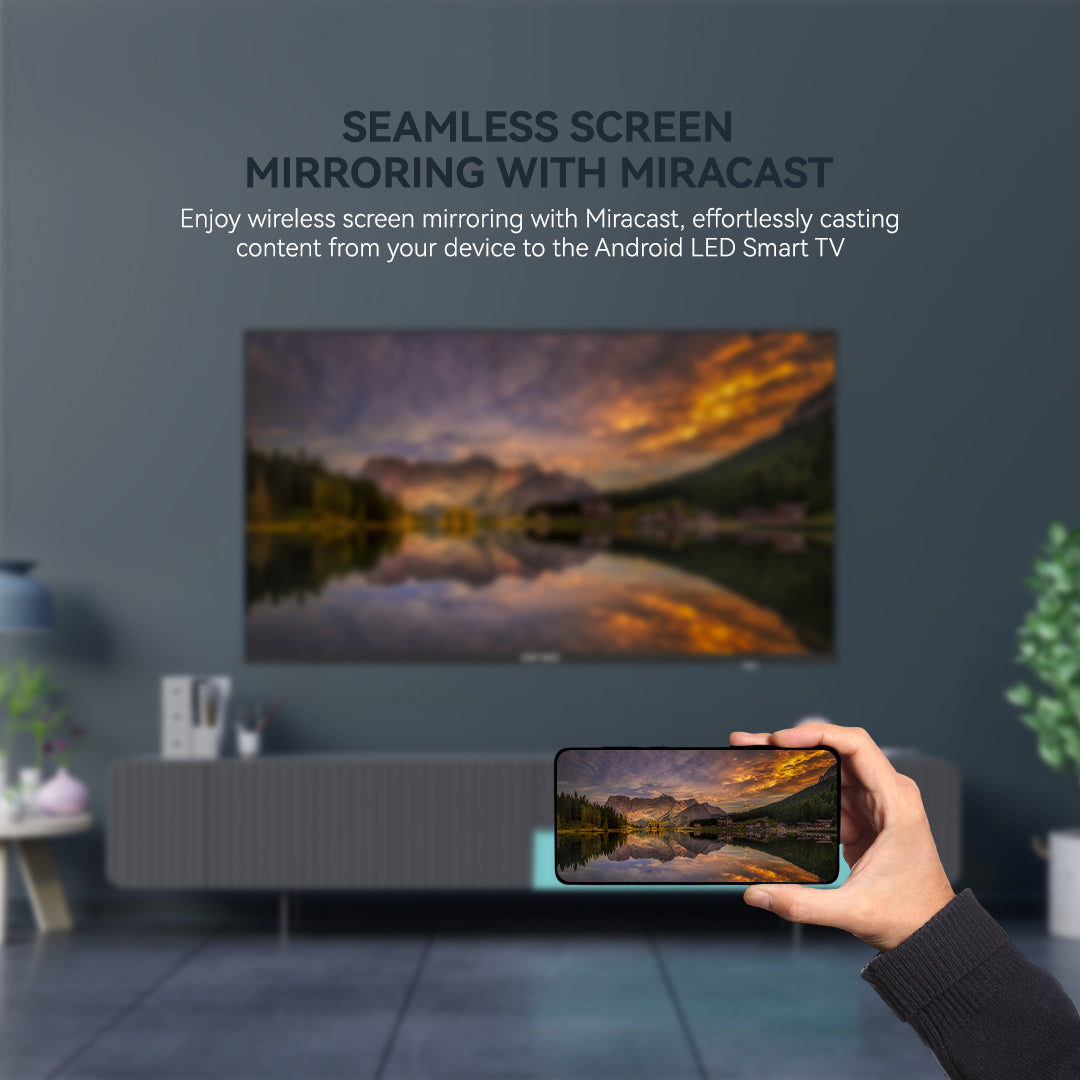 Person using Miracast to mirror a smartphone screen onto an Android LED Smart TV in a living room.