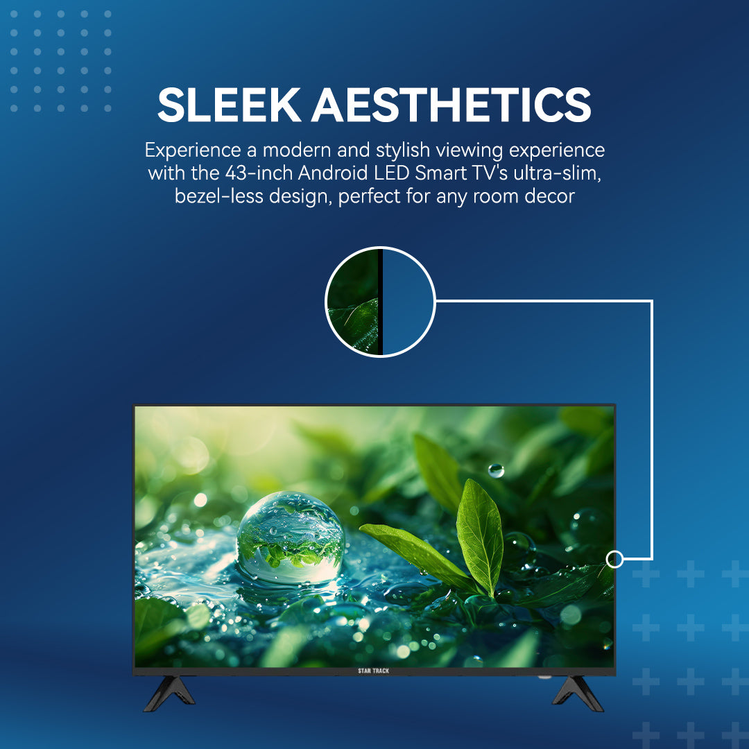 43-inch Android LED Smart TV with sleek design on a blue background