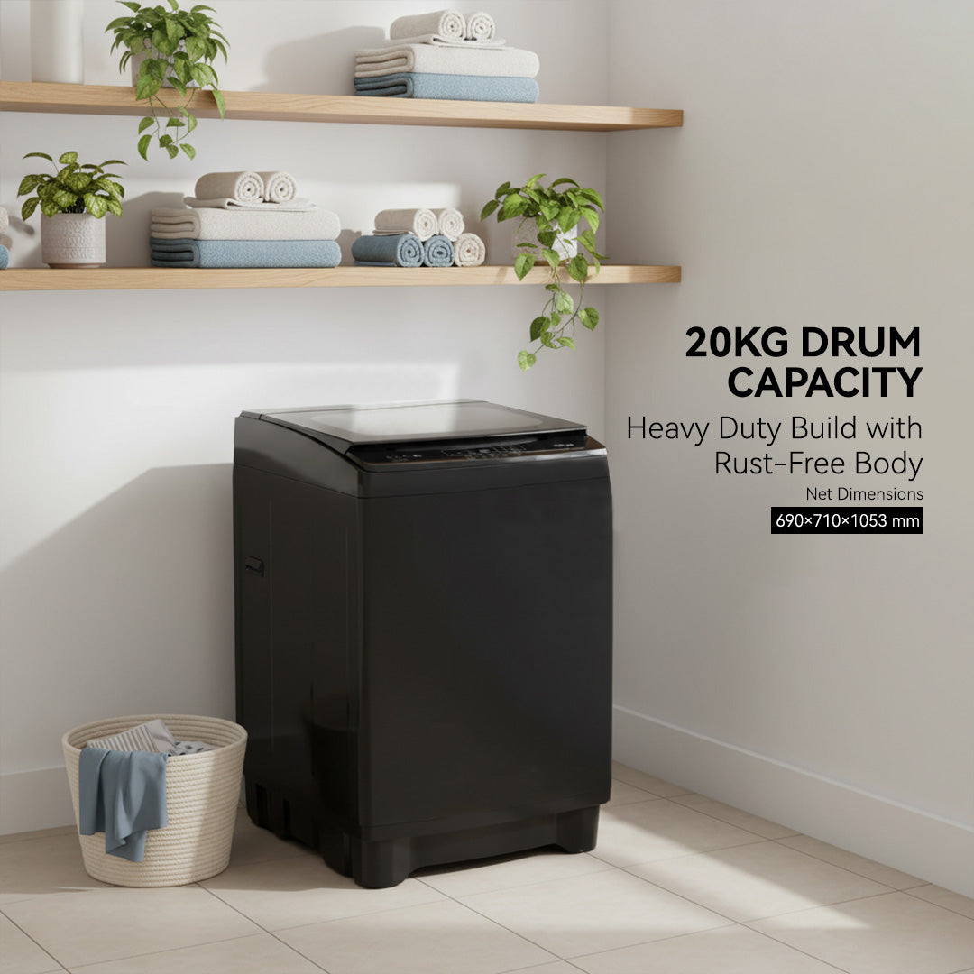 20kg Top Load Washing Machine with Digital LED Display, 8 Programs, Fuzzy Logic, Air Dry, Child Lock, Stainless Steel Drum, 3D Waterfall & Energy-Saving Tub