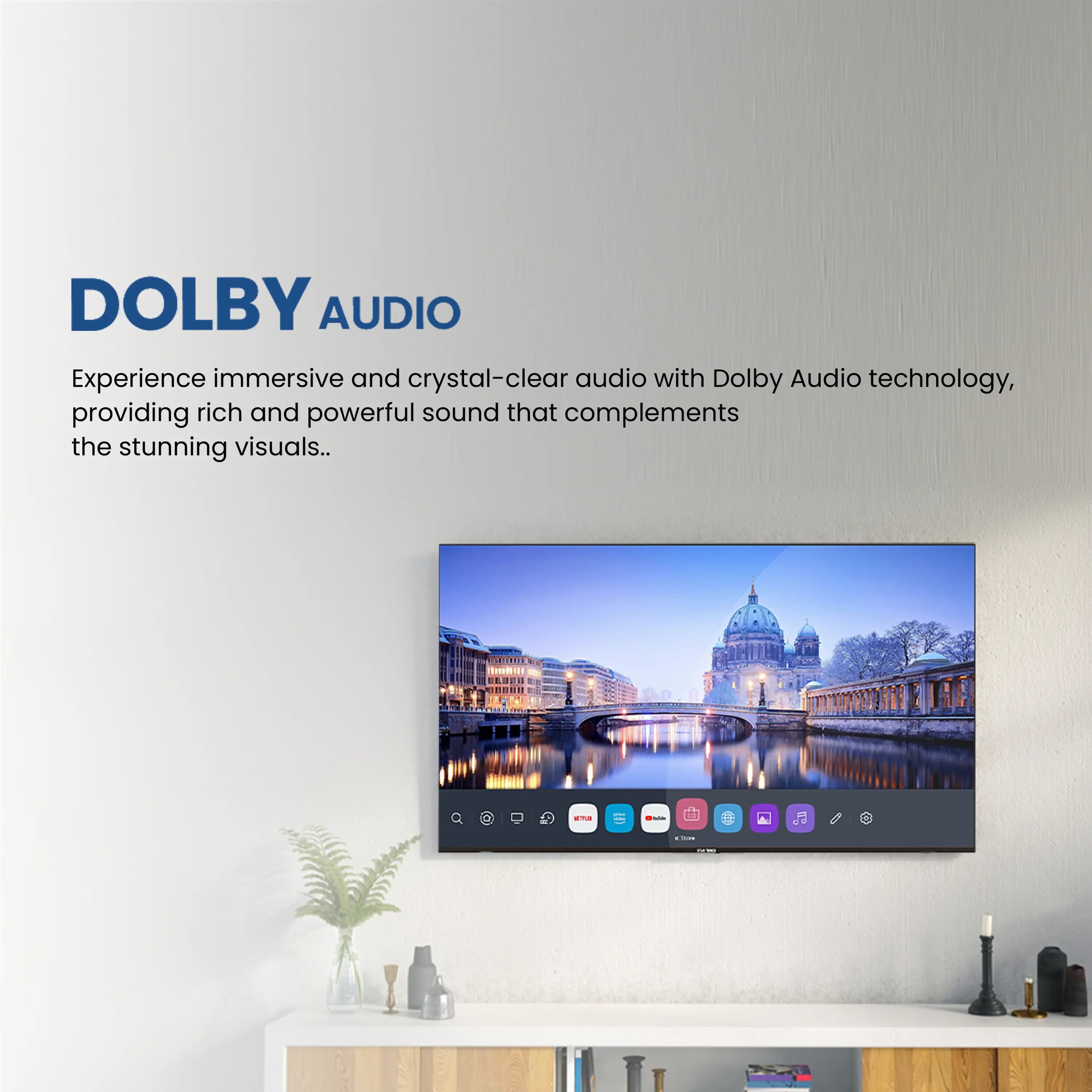 Star Track 4K Smart TV displaying webOS Hub interface with app icons for streaming services, featuring bezel-less design and sleek black frame. Home screen shows Live TV, Alexa, Netflix, and other popular streaming apps arranged in a clean, modern layout against a dark background. Dolby Audio