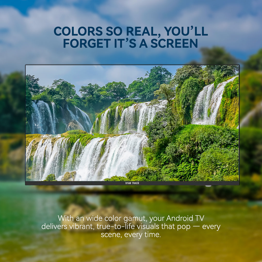 TV screen displaying a waterfall scene with text about vibrant visuals.