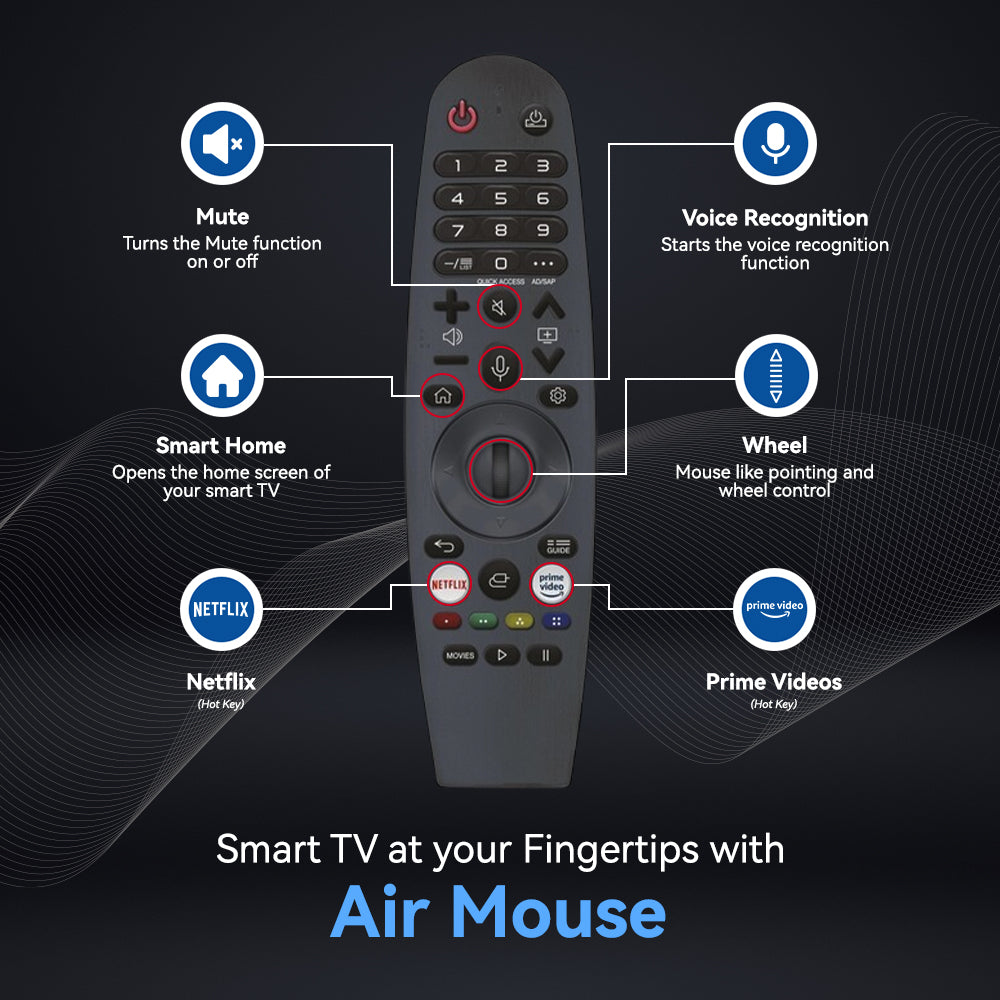 Air Mouse LG Remote control with labeled functions on a dark background