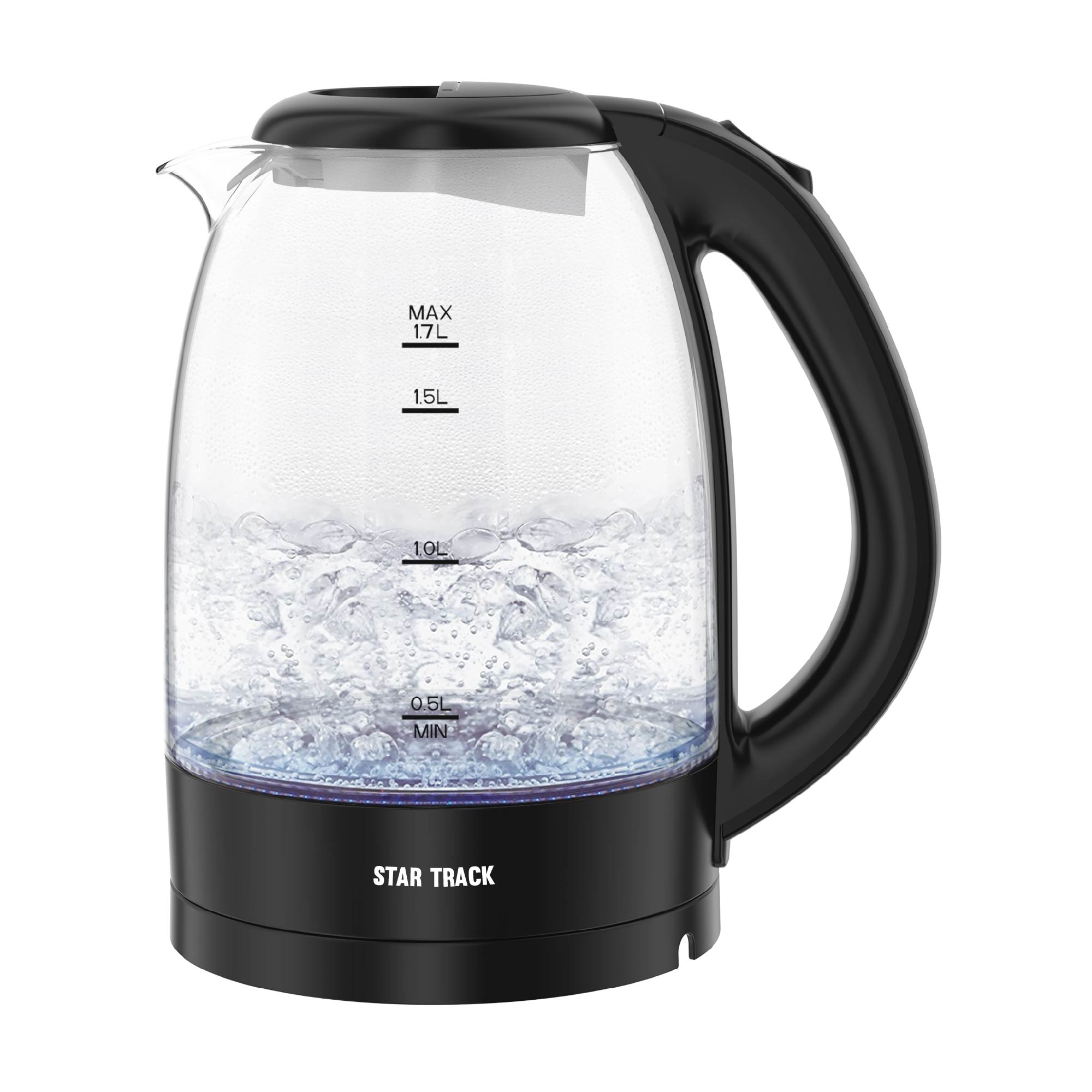 STAR TRACK 1.7L Electric Kettle with transparent glass body showing boiling water, blue LED indicator ring, black base and handle, visible water level markings, and sleek modern design. Features 2200W heating element and auto shut-off for quick, safe boiling.