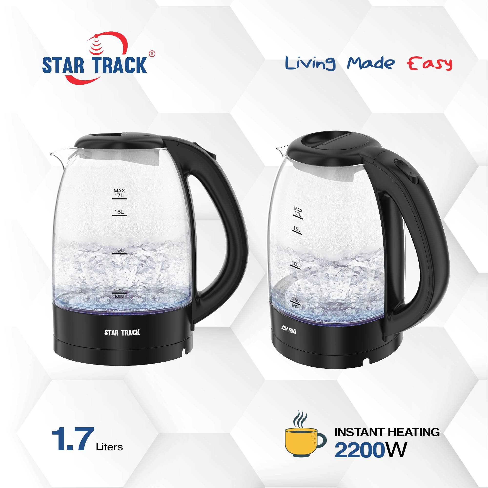 1.7L Electric Kettle, 2200W, Instant Heating, Auto Shut Off, Transparent Glass Body with LED Indicator