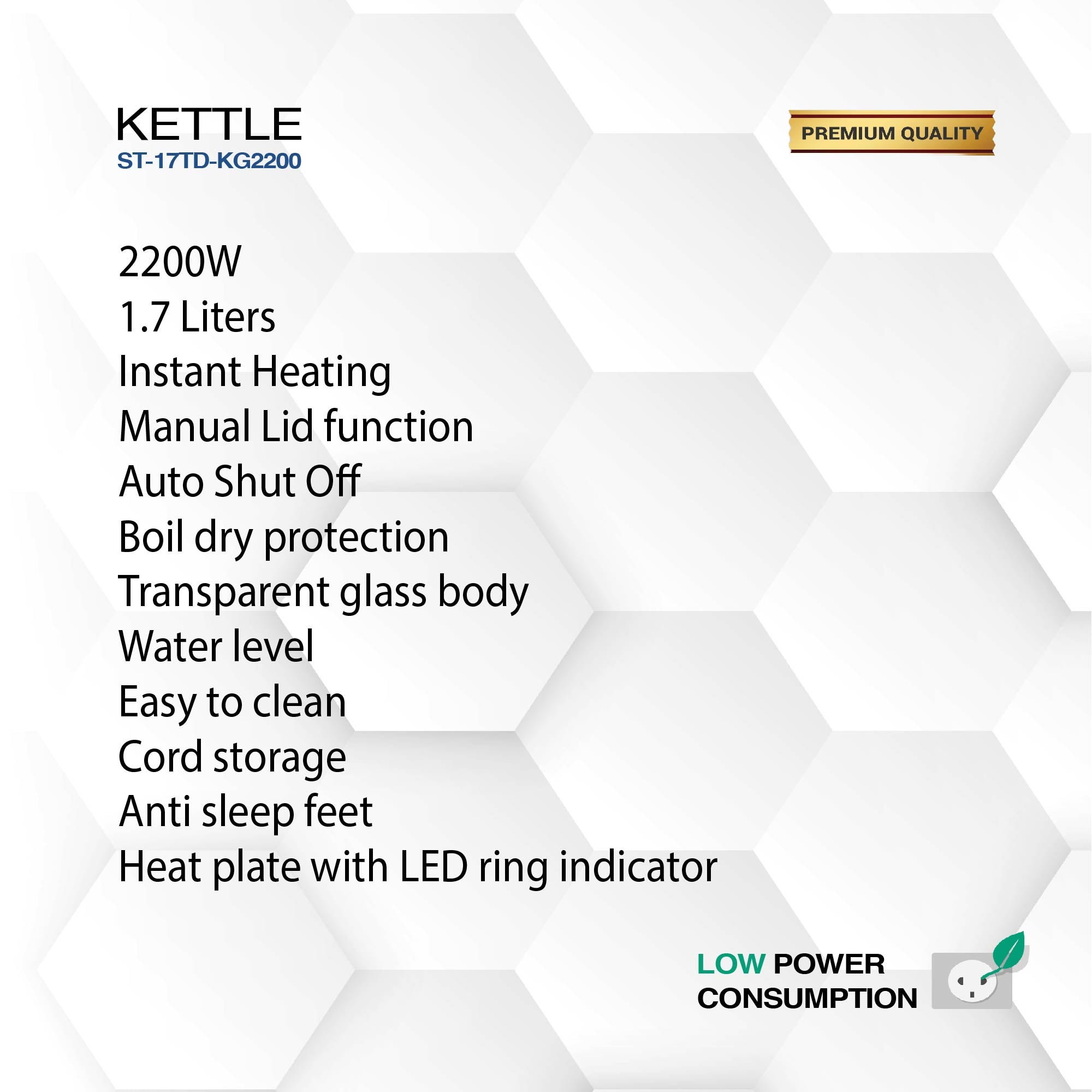 1.7L Electric Kettle, 2200W, Instant Heating, Auto Shut Off, Transparent Glass Body with LED Indicator