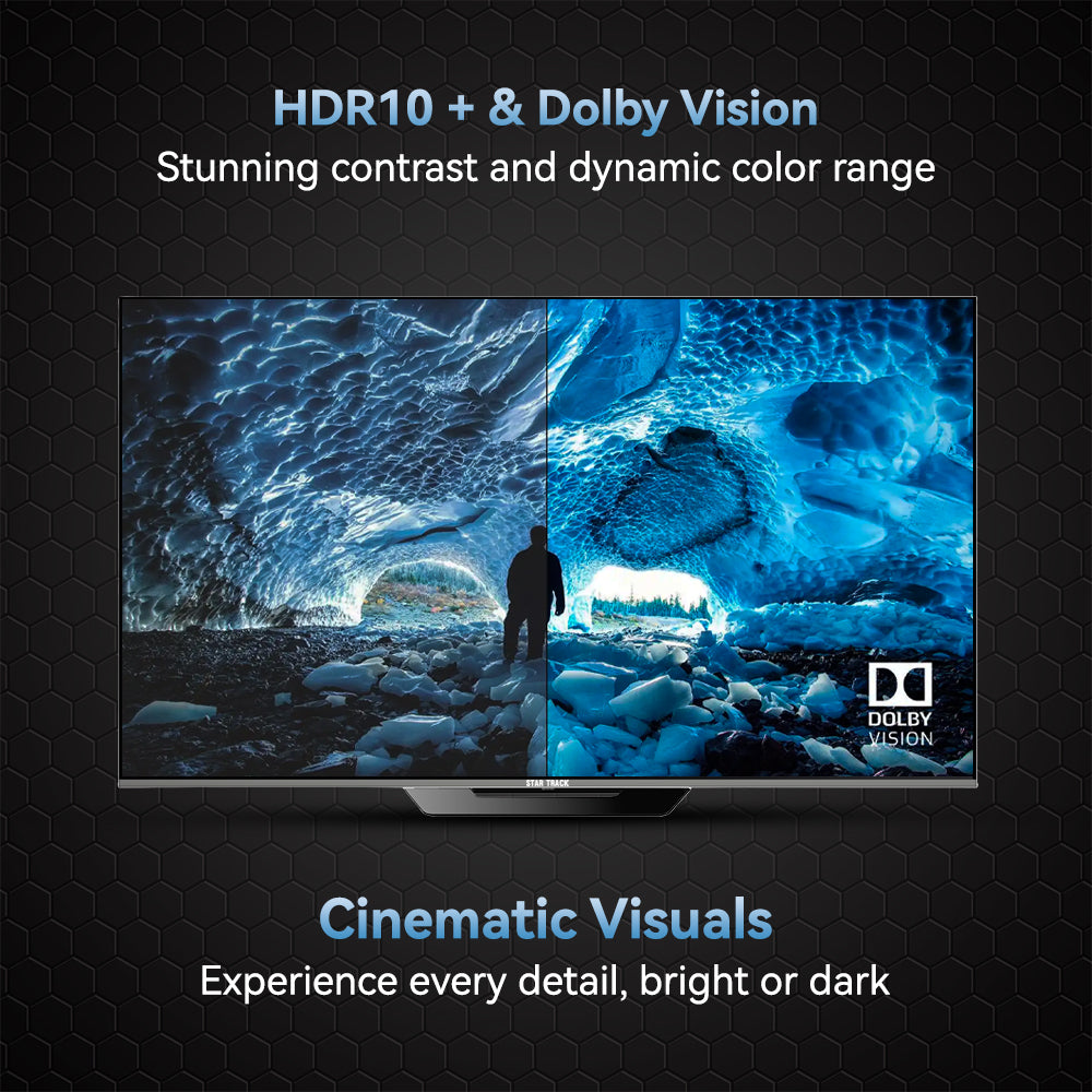 Advertisement for HDR10+ and Dolby Vision with a TV screen displaying an icy landscape.